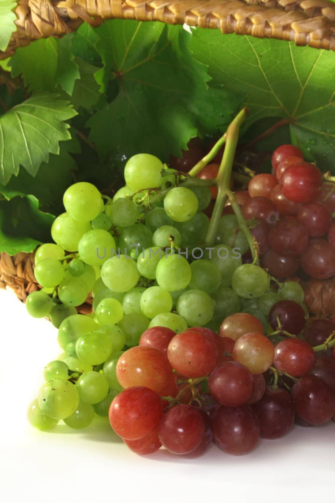 Grapes and vine leaves in a basket