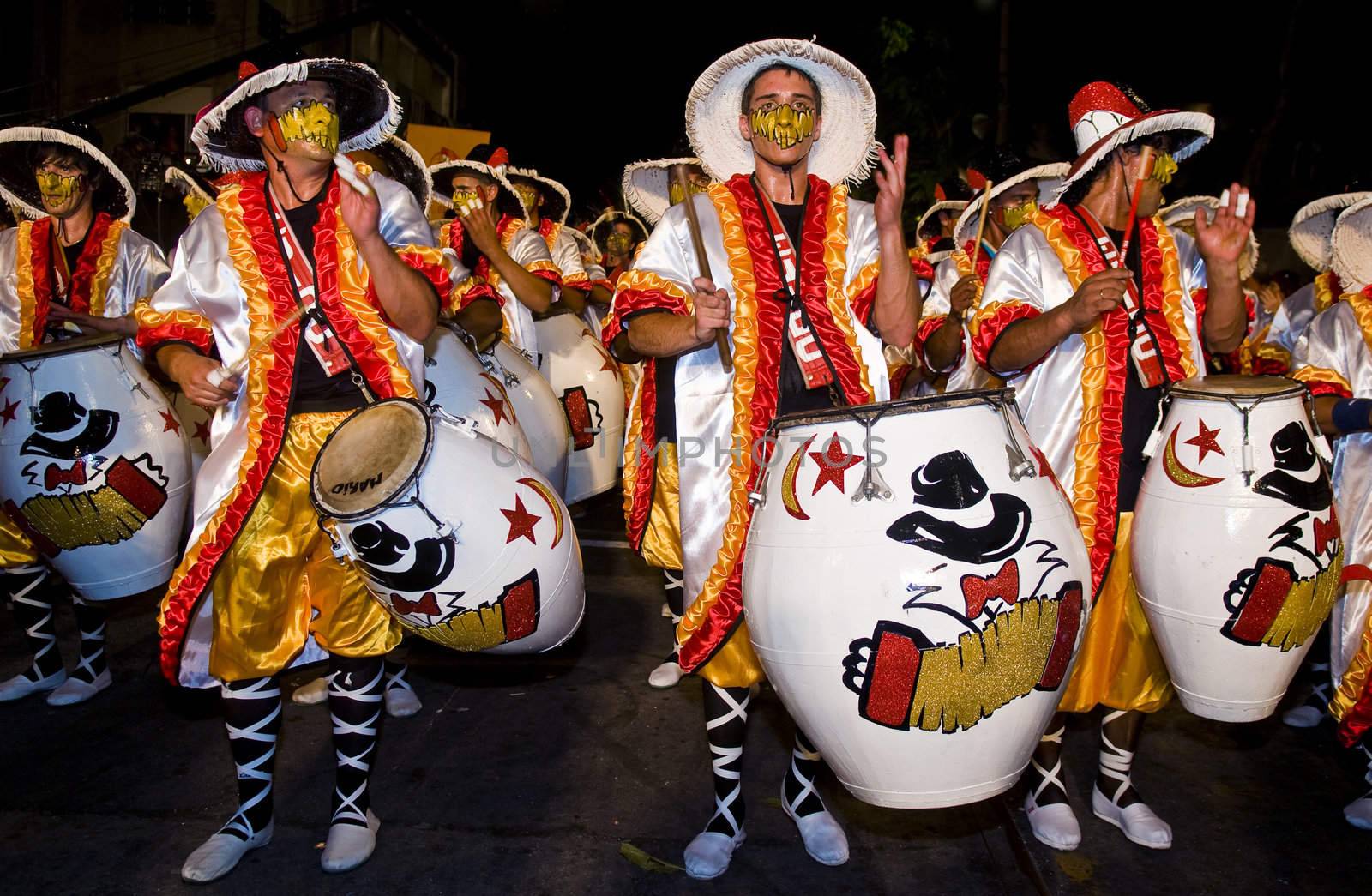 MONTEVIDEO,URUGUAY-FEBRUARY 5 2011: Candombe drummers in the Montevideo annual Carnaval ,  Candombe is a drum-based musical style of Uruguay. Candombe originated among the African population in Montevideo Uruguay