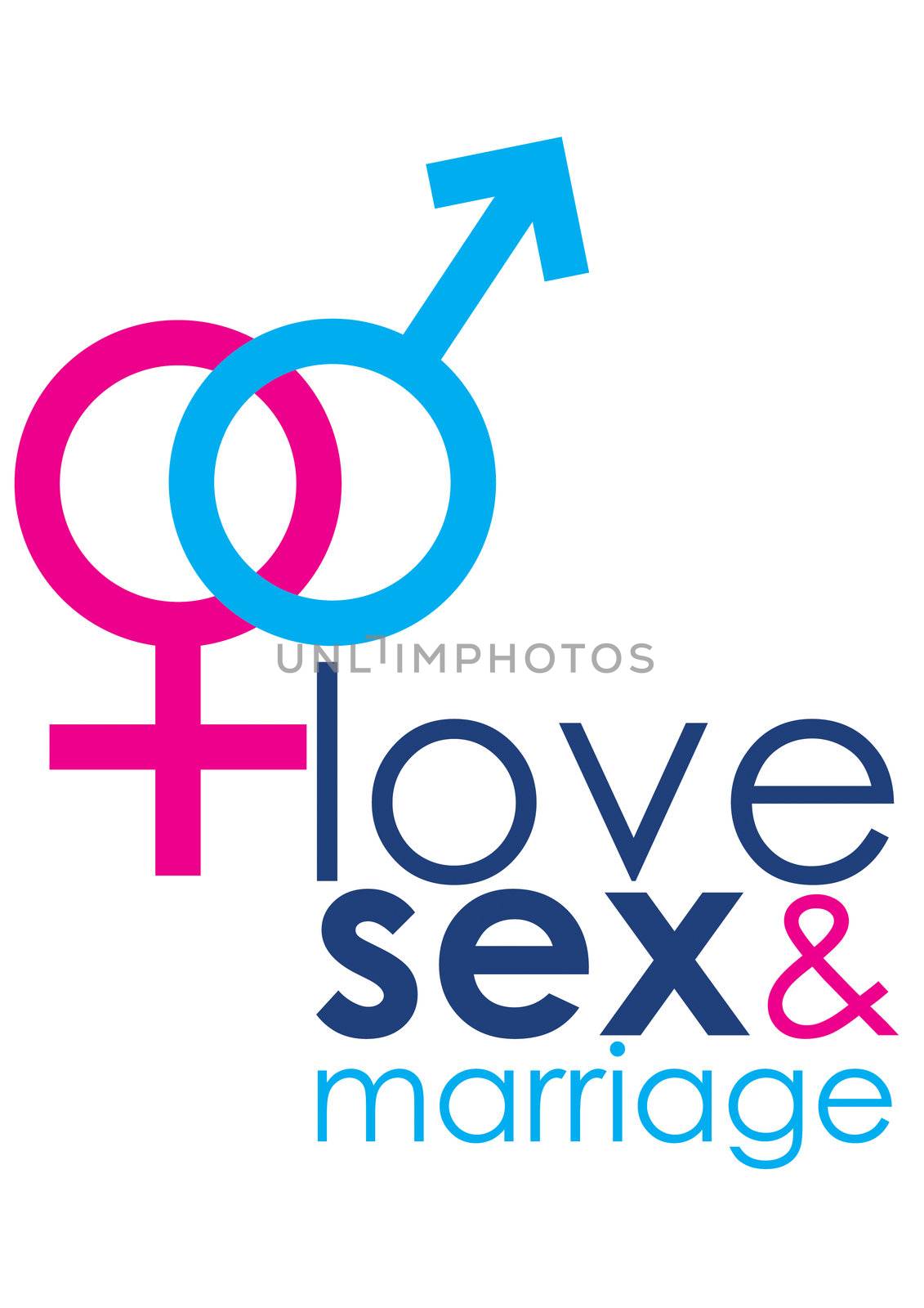 A graphic image representing the alchemical symbols for male and female, set with text representing love, sex and marriage.