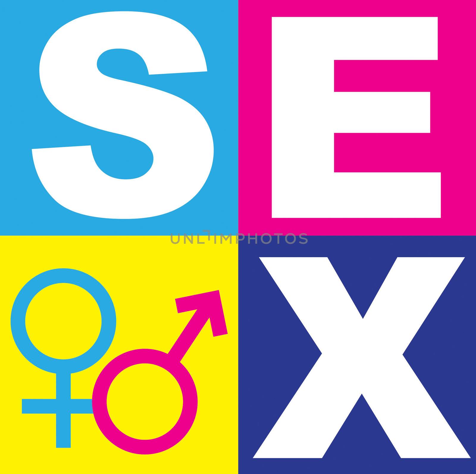 A graphic representation of sex, love and relationships between man and women in the context of sex education. Using text, graphics and alchemical symbols on bright colored blocks of color.
