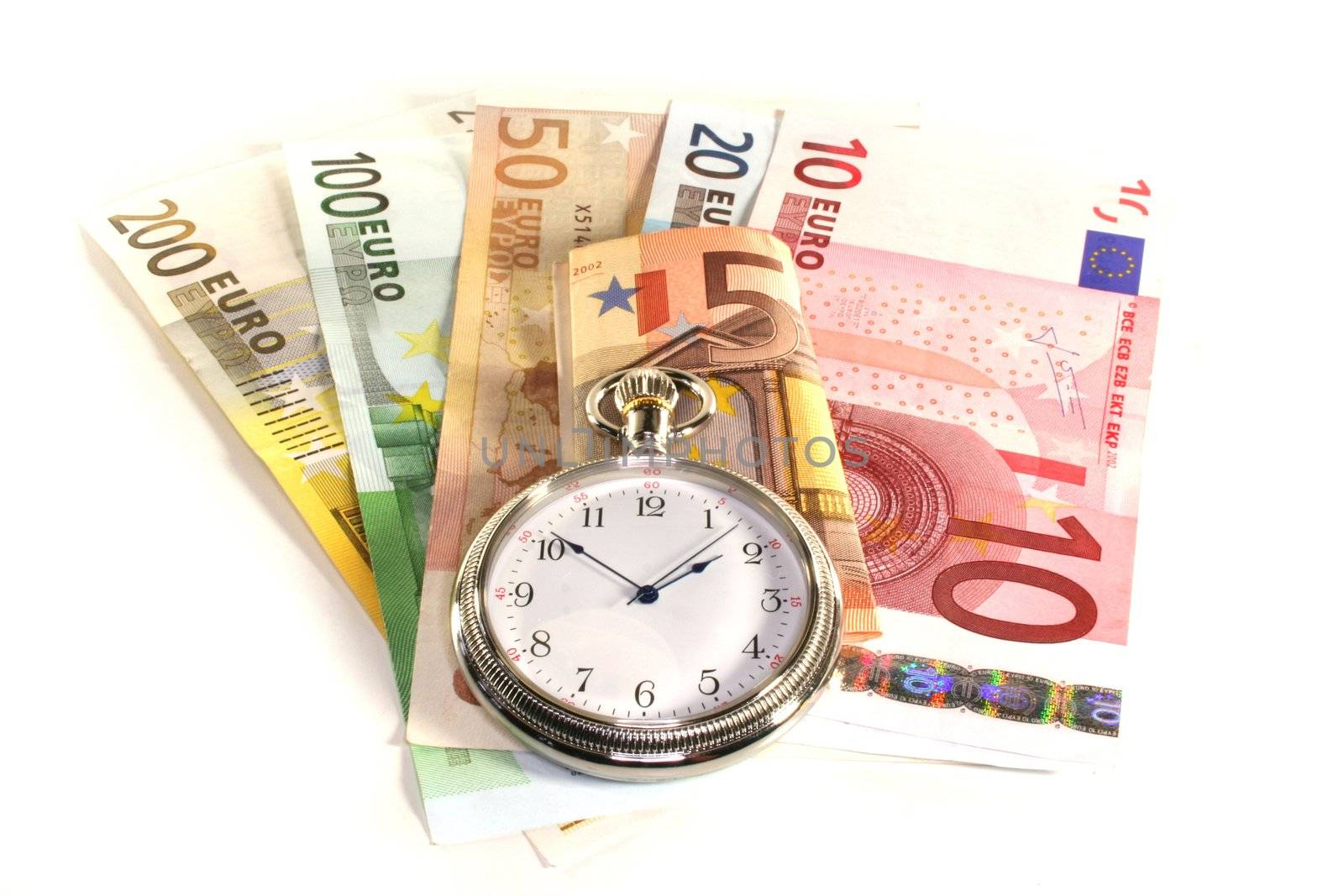 many euro notes with pocket watch on a white background
