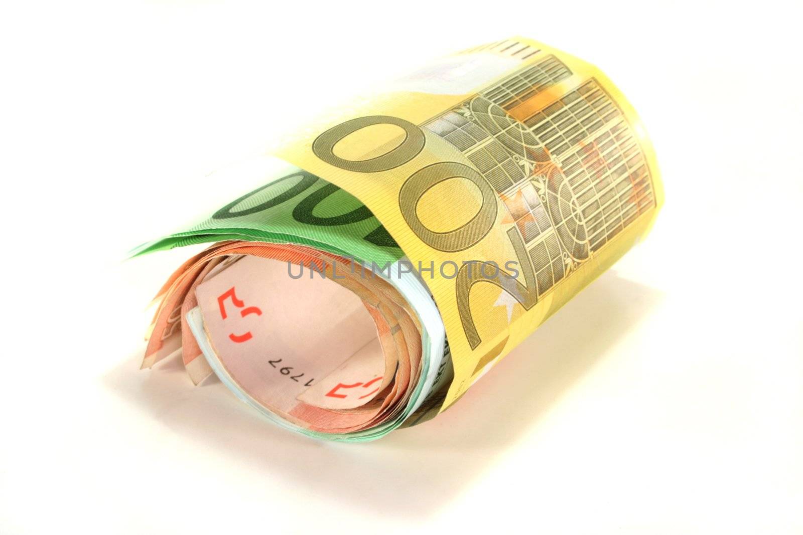 a bundle of Euro banknotes on a white background