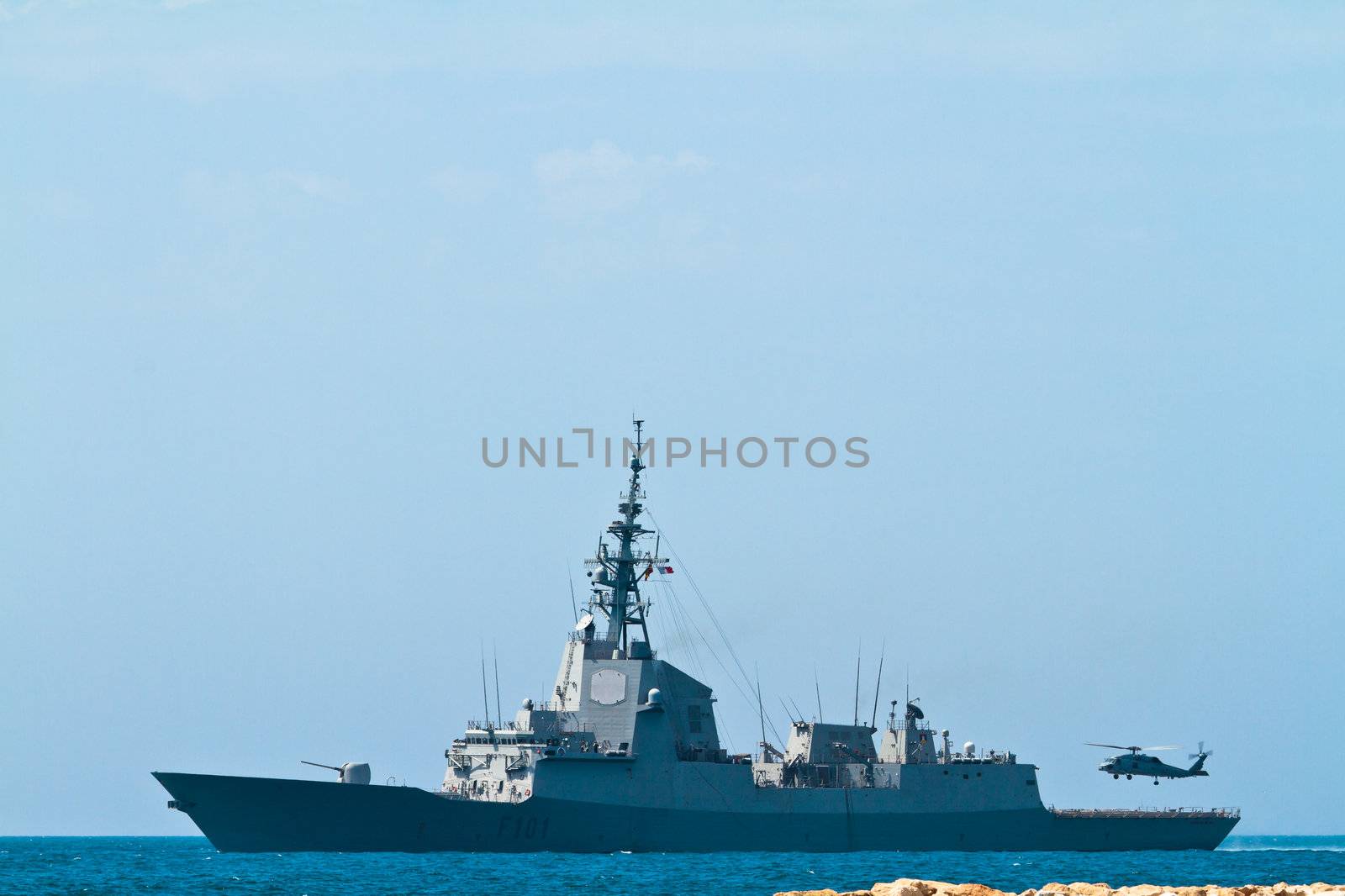 MALAGA, SPAIN-MAY 28: Frigate F-101 Alvaro de Bazan taking part in an exhibition on the day of the spanish army forces on May 28, 2011, in Malaga, Spain