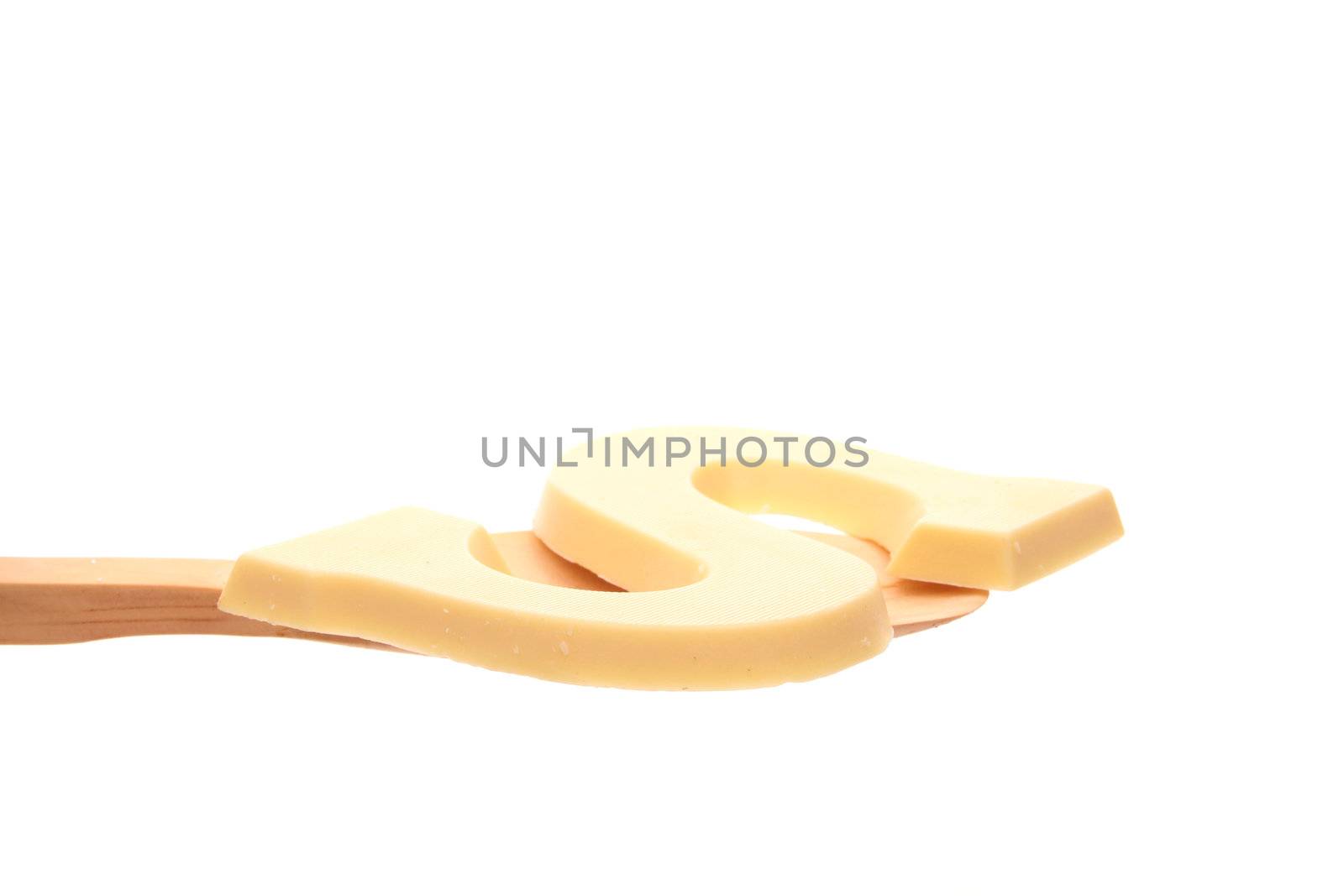 Chocolate character simply offered on a wooden spoon isolated on a white background 