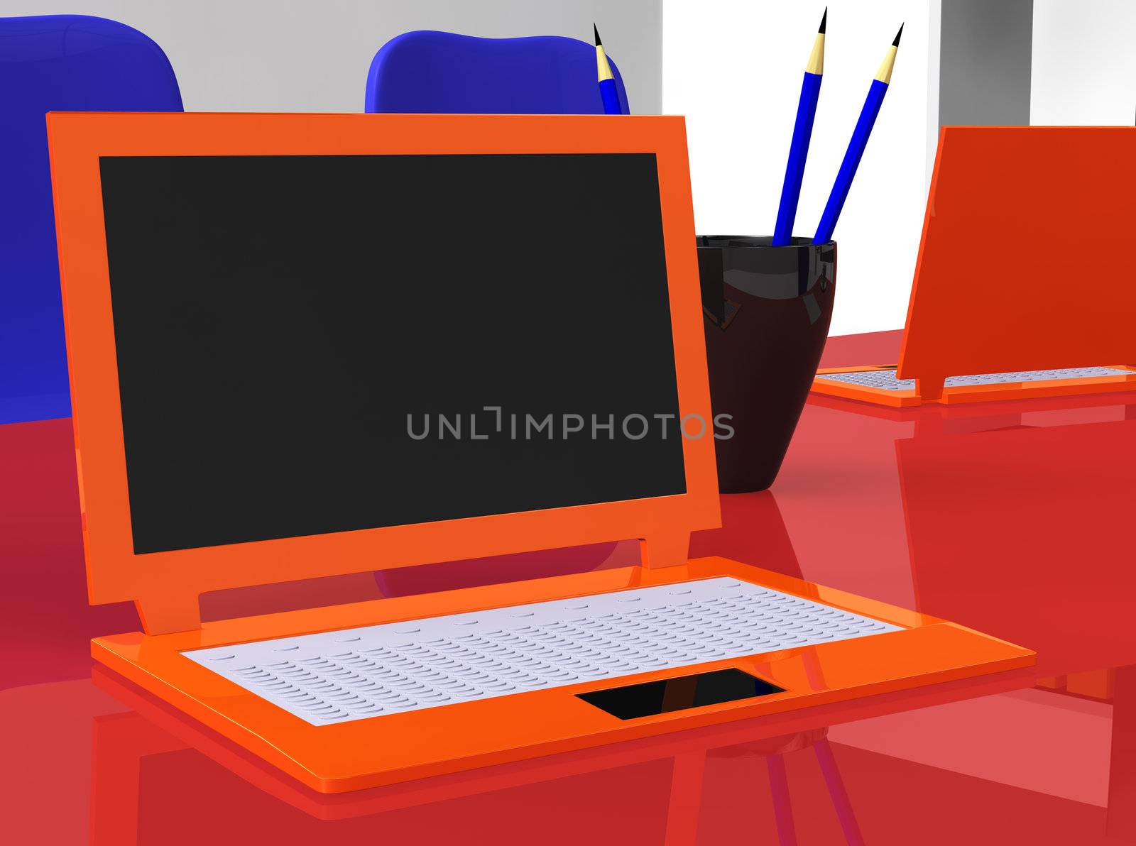 3d stereoscopic laptops on red table with blue pencils