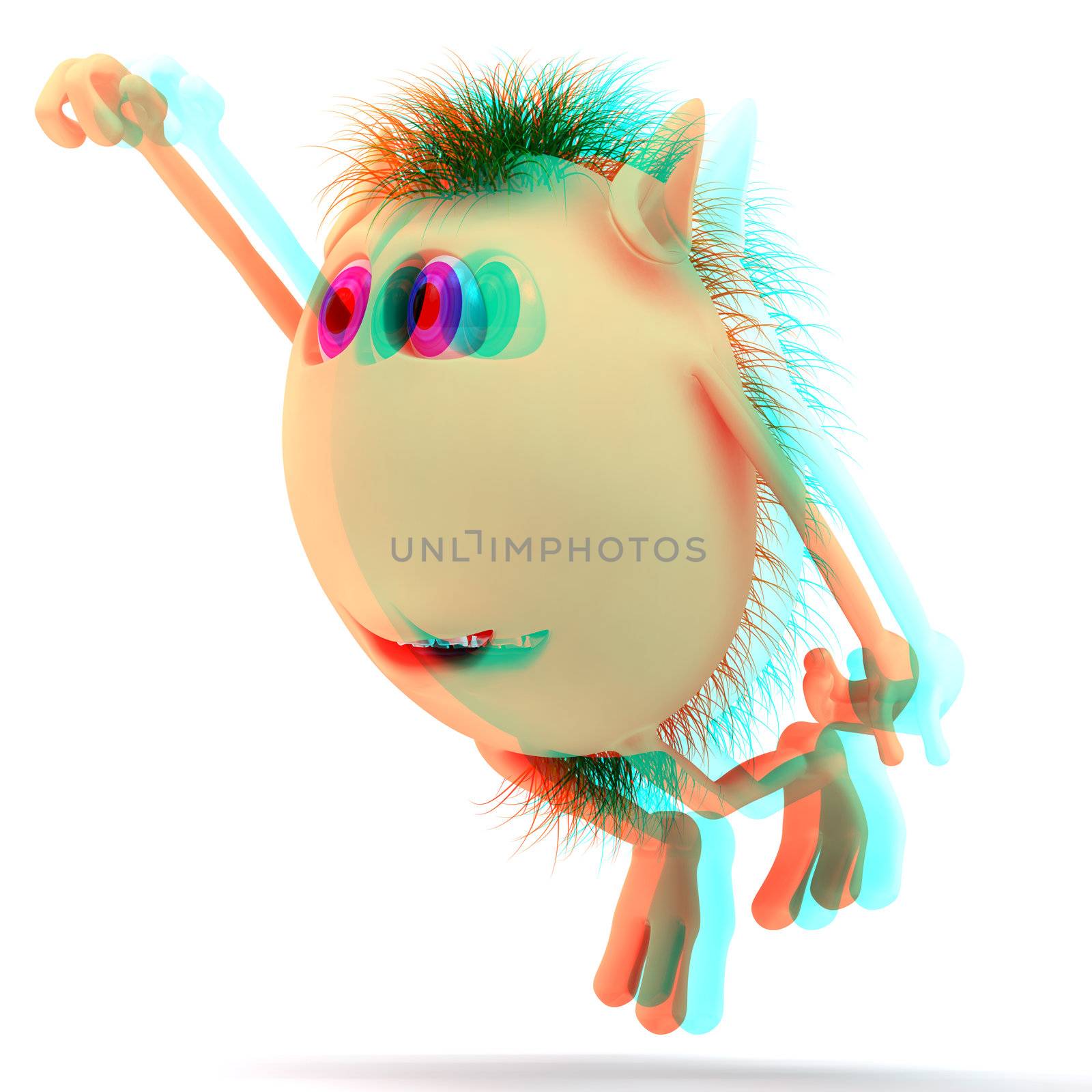3D stereoscopic character flying puppet on the white