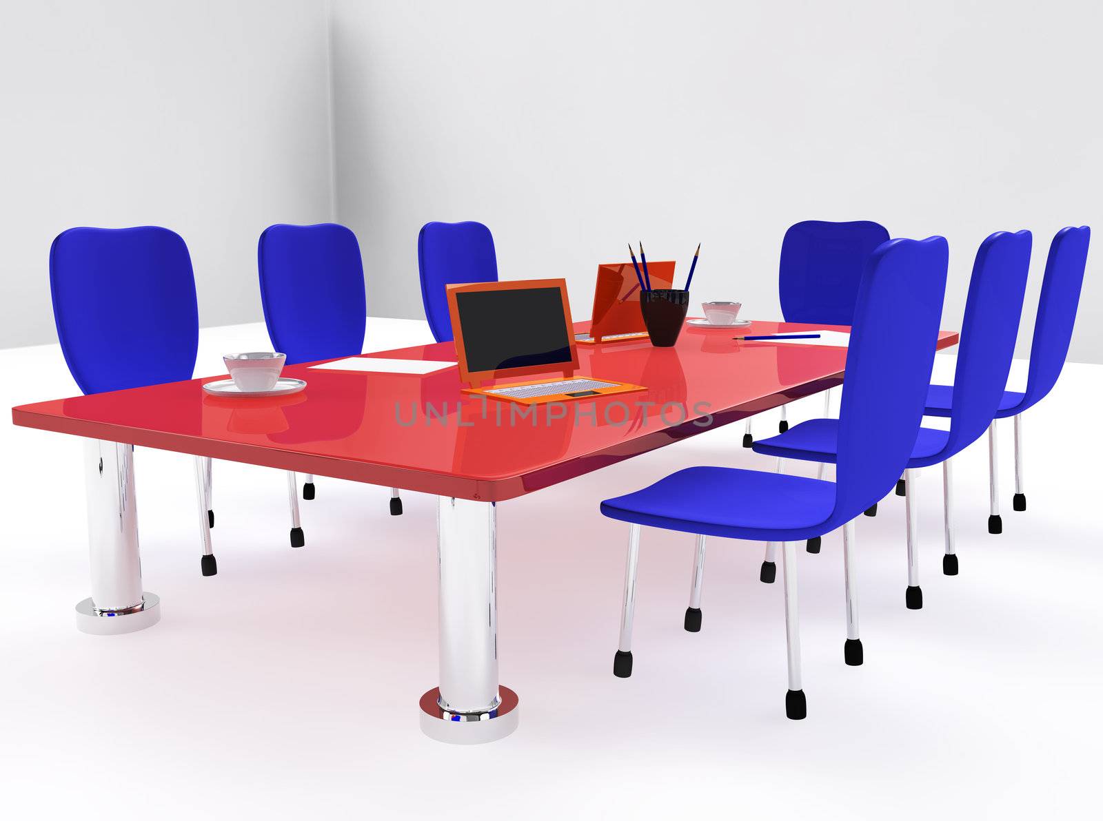 Conference room with red desk and blue chairs