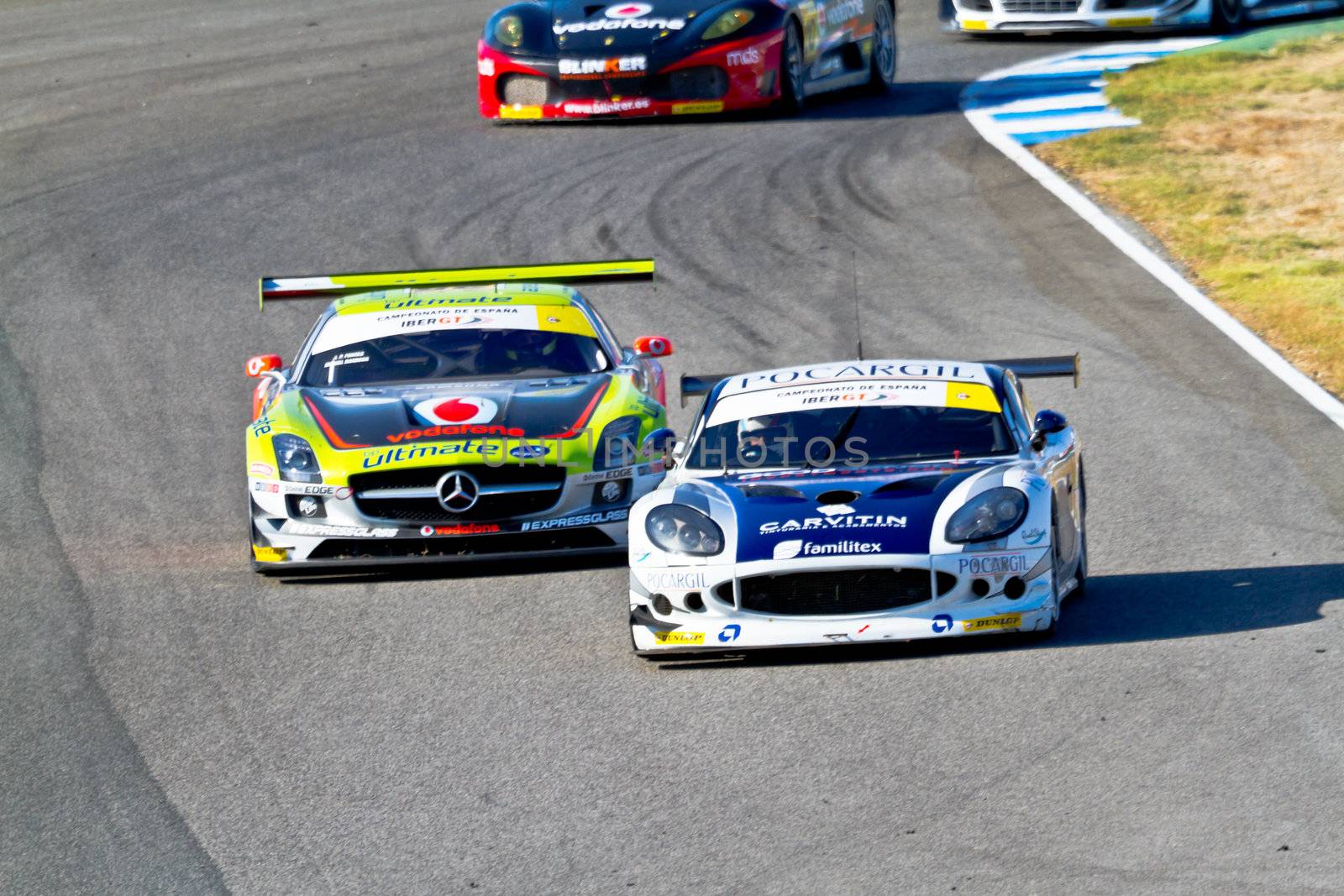 JEREZ DE LA FRONTERA, SPAIN - OCT 16: Joffrey Didier, Ginetta45 followed by Jose Pedro Fontes, Mercedes 25 races on Iber GT championship on October 16 , 2011, in Jerez de la Frontera , Spain