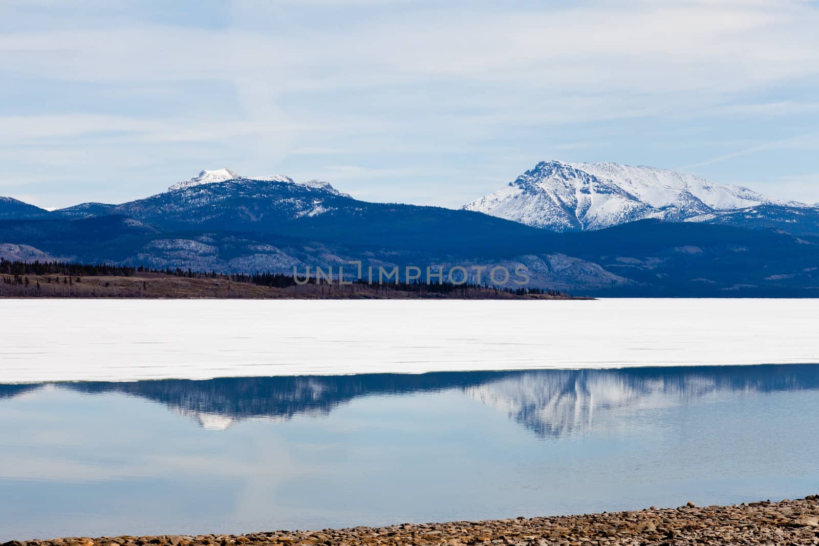 First open water at thawing Lake Laberge, Yukon Territory, Canada: reflection of snow-covered mountains on calm open water surface of still largely ice-covered lake.