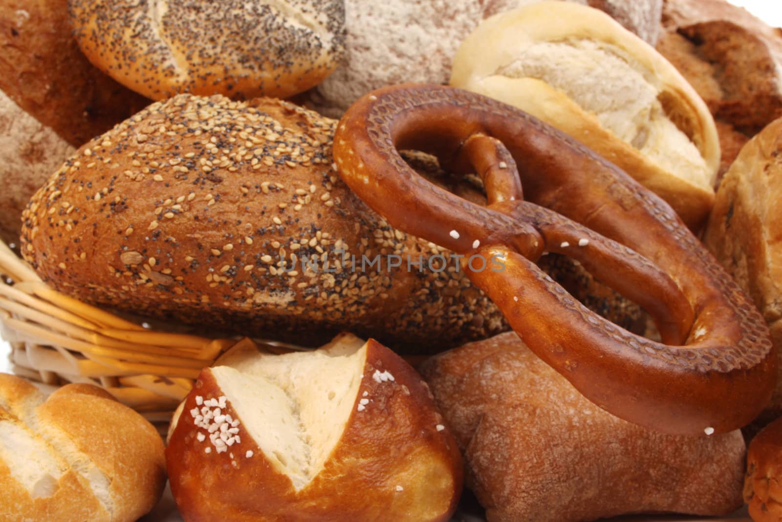 Various kinds of fresh baked  bread, breadrolls and buns