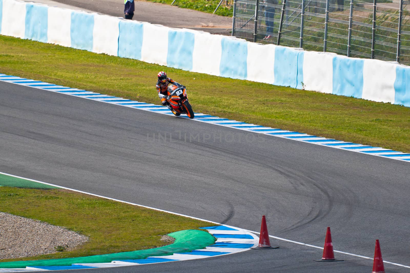JEREZ DE LA FRONTERA, SPAIN - MAR 5: Moto2 motorcyclist Marc Marquez takes a curve in the MotoGP Official Trainnig on Mar 5, 2011 in Jerez de la Frontera, Spain