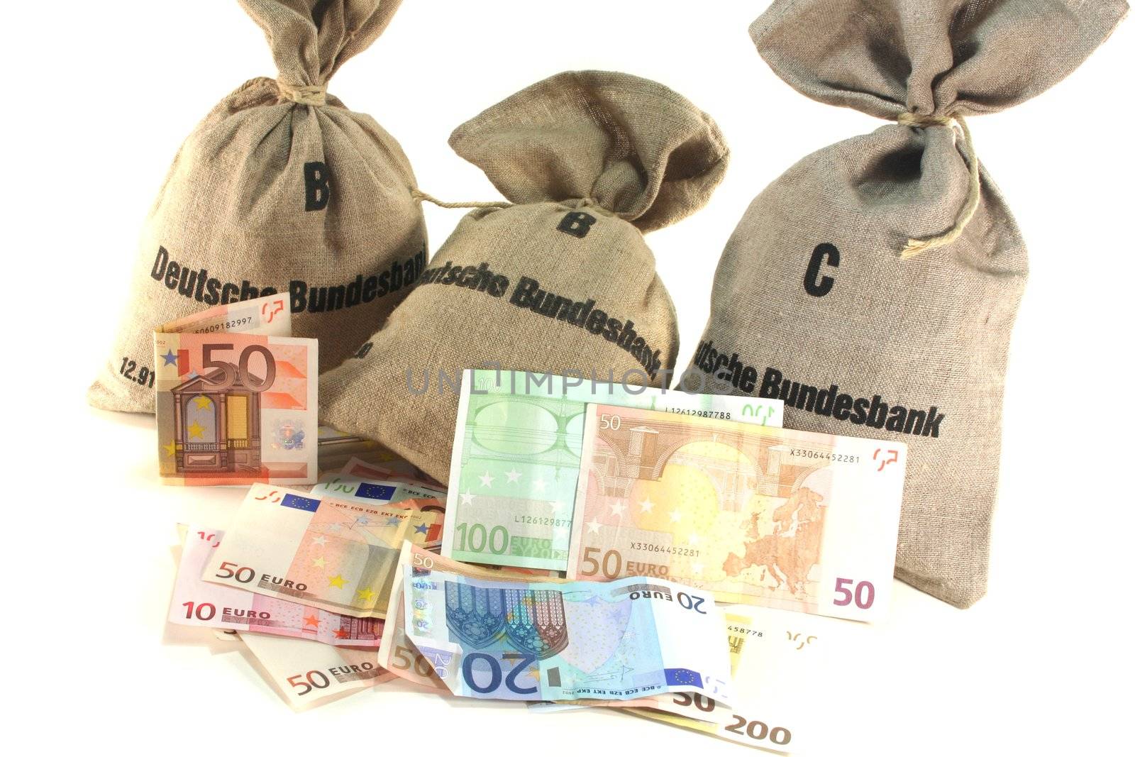 Federal Bank money bags with euro notes on a white background