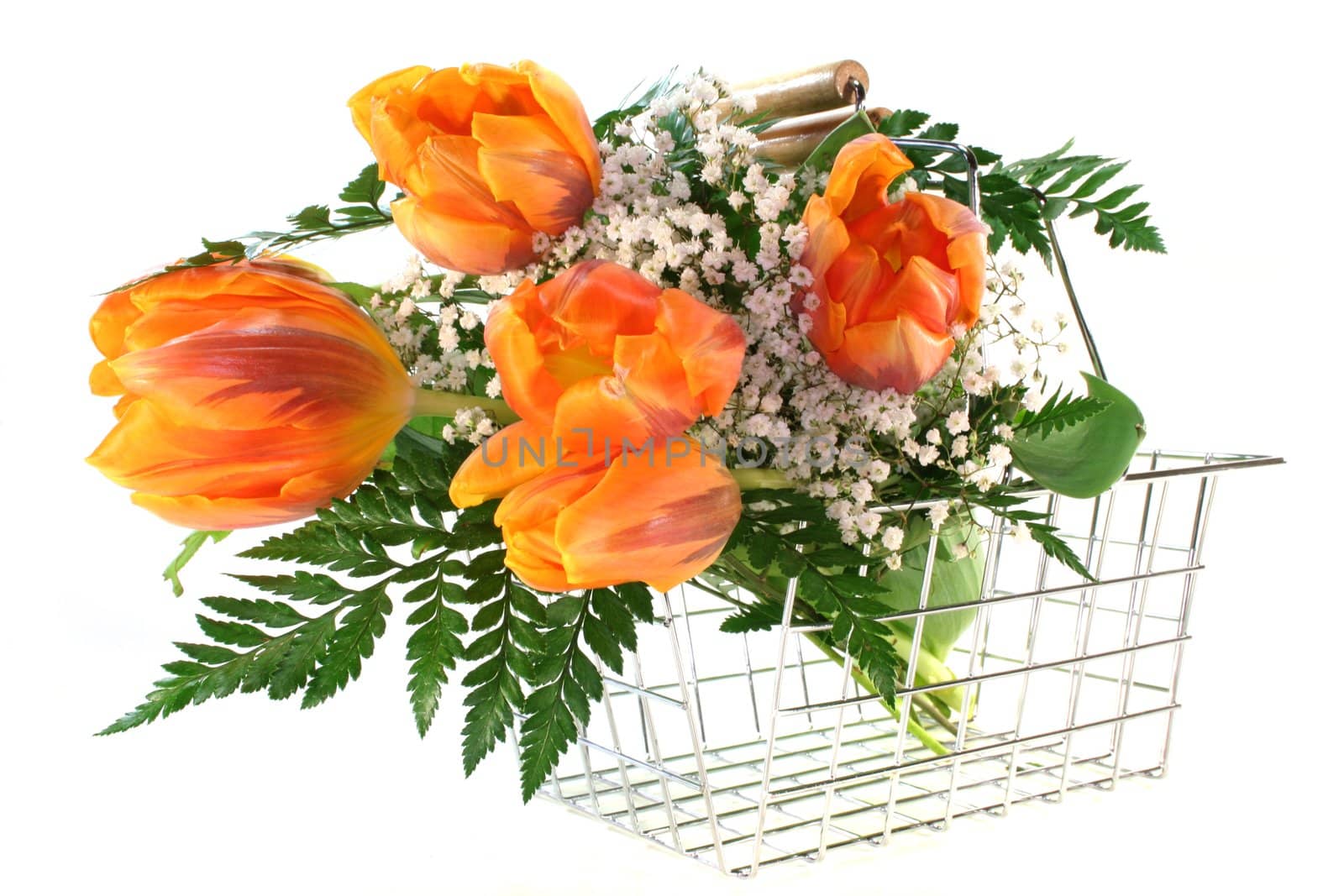 colorful tulips in a Shopping basket a white background