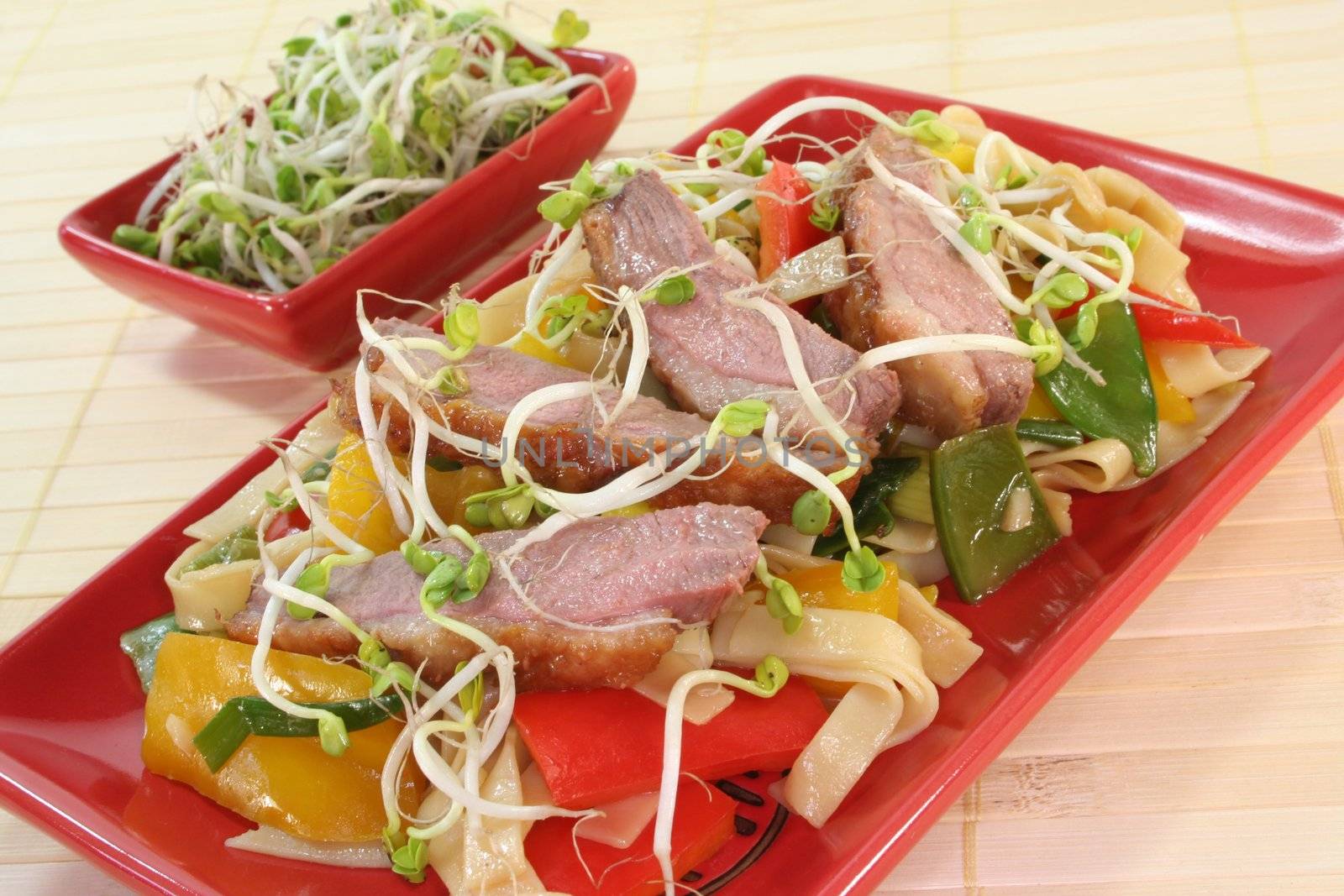 Duck breast with fried noodles, fresh vegetables and radish sprouts