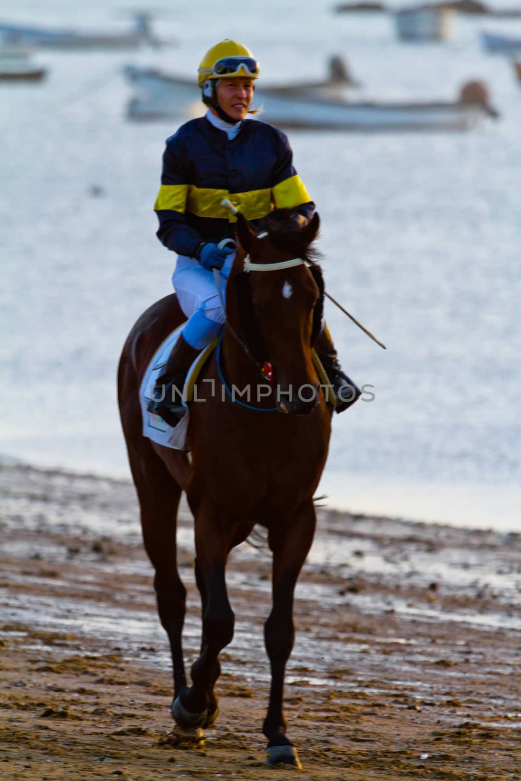SANLUCAR DE BARRAMEDA, CADIZ, SPAIN - AUGUST 10: Unidentified rider at the start of race horses on Sanlucar de Barrameda beach on August 10, 2011 in Sanlucar de Barrameda, Cadiz, Spain.