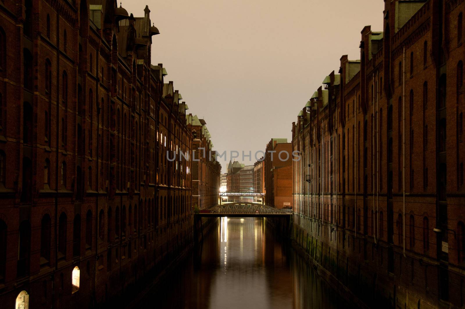 Evening View on Historical Speicherstadt (Hafencity) in Hamburg, Germany
