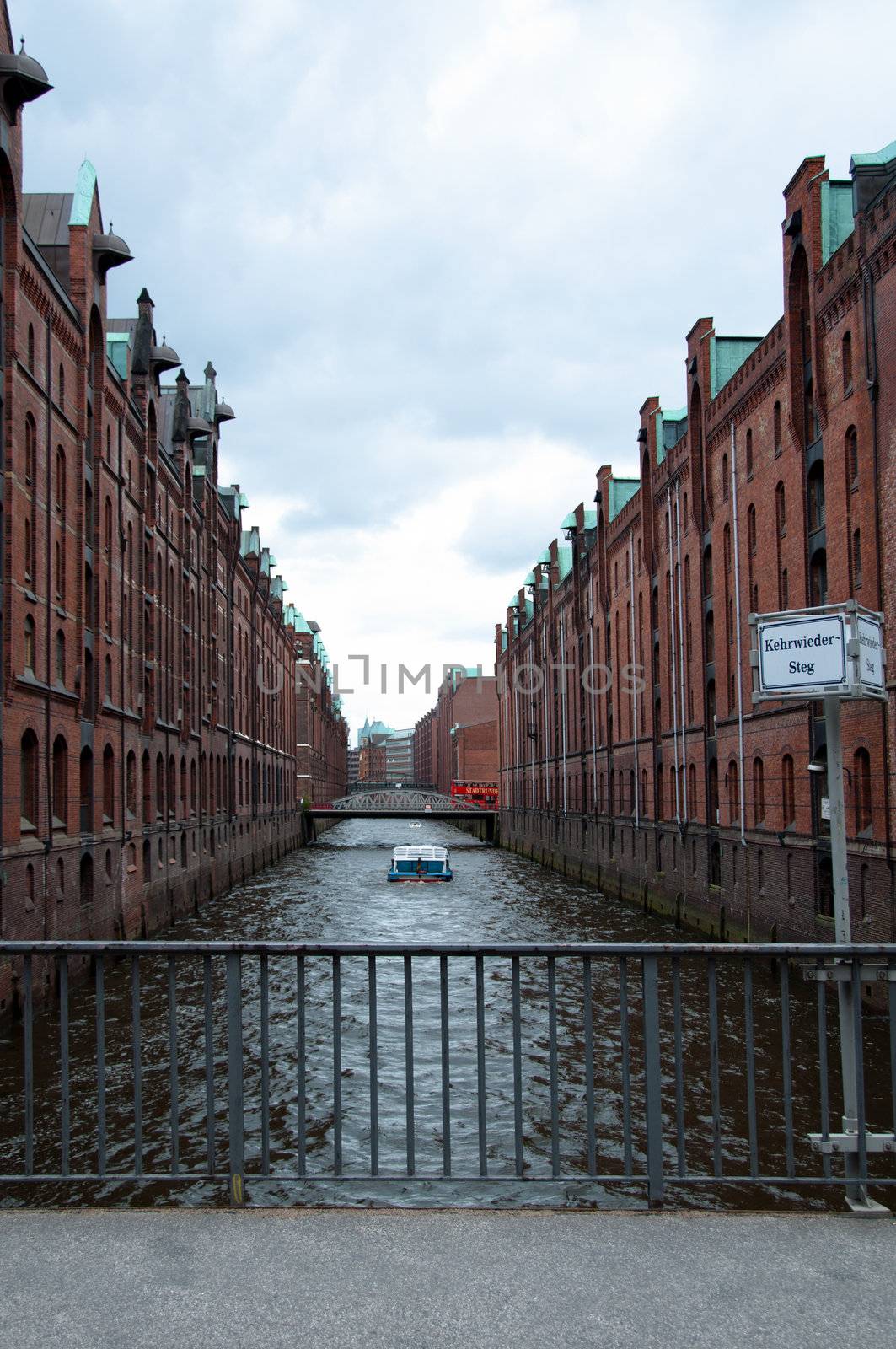 View from Kehrwieder Bridge on Historical Speicherstadt (Hafencity) in Hamburg, Germany