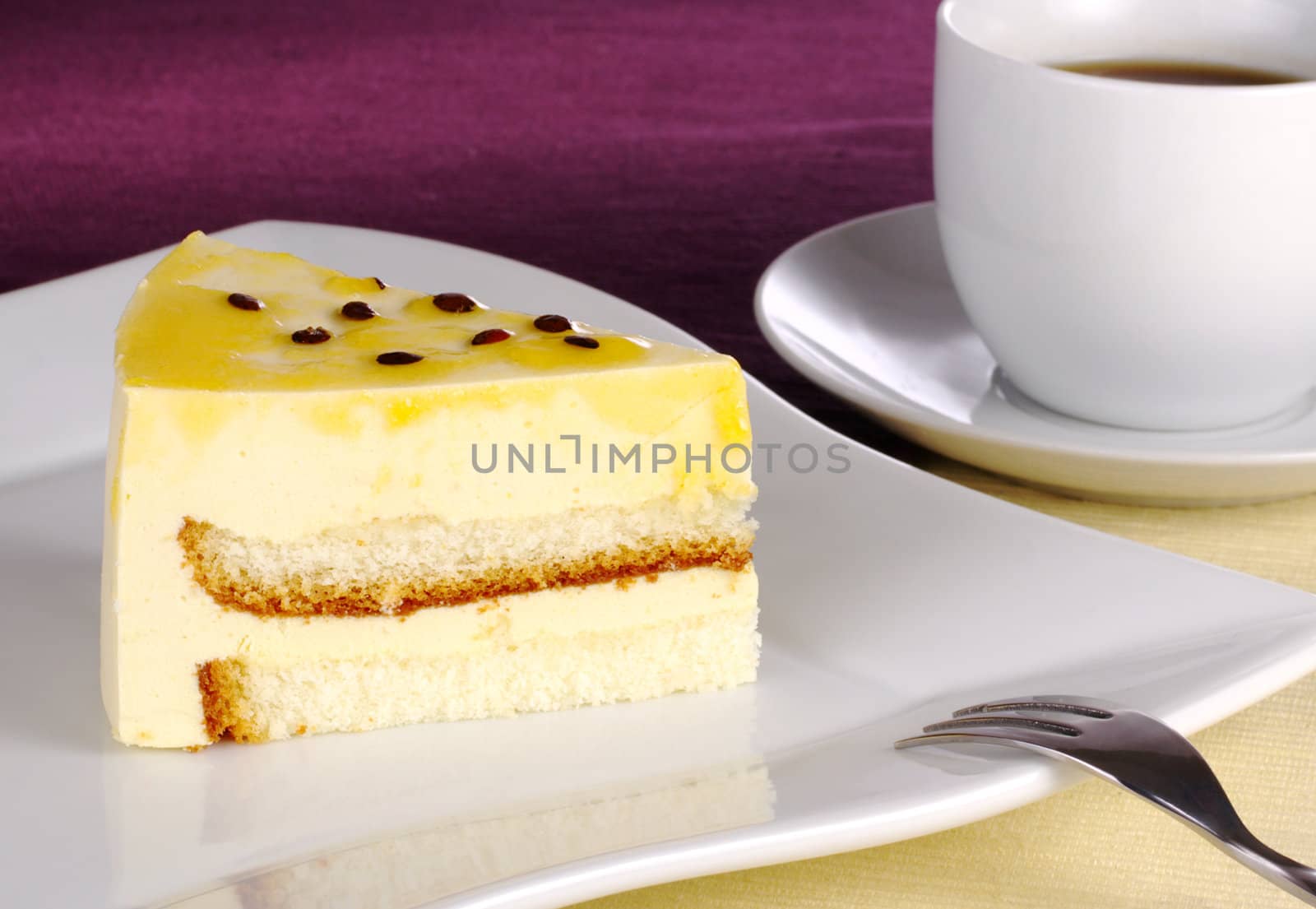 Passionfruit cake with coffee (Selective Focus)
