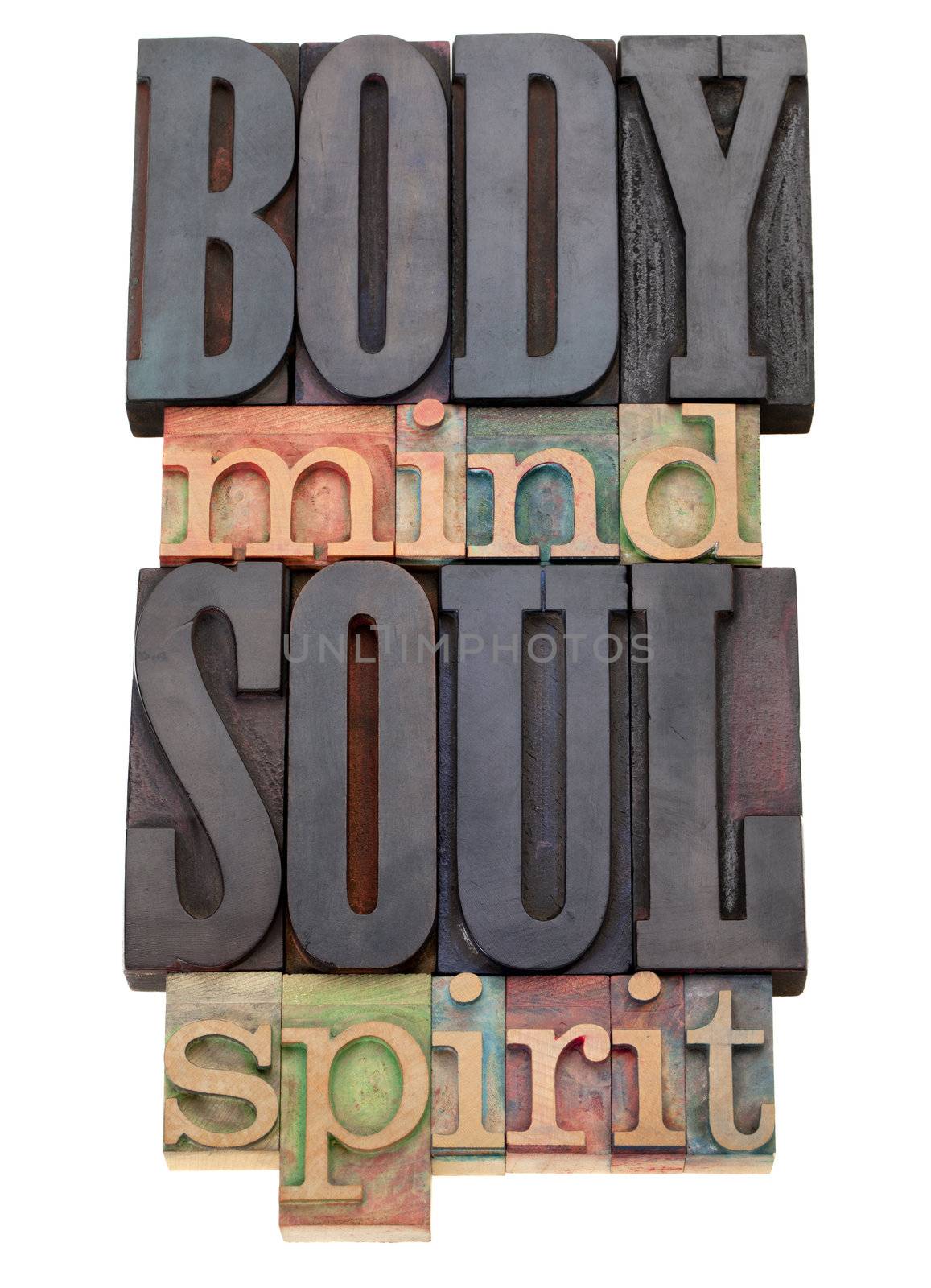 body, mind, soul, spirit - isolated word abstract in vintage wood letterpress printing blocks