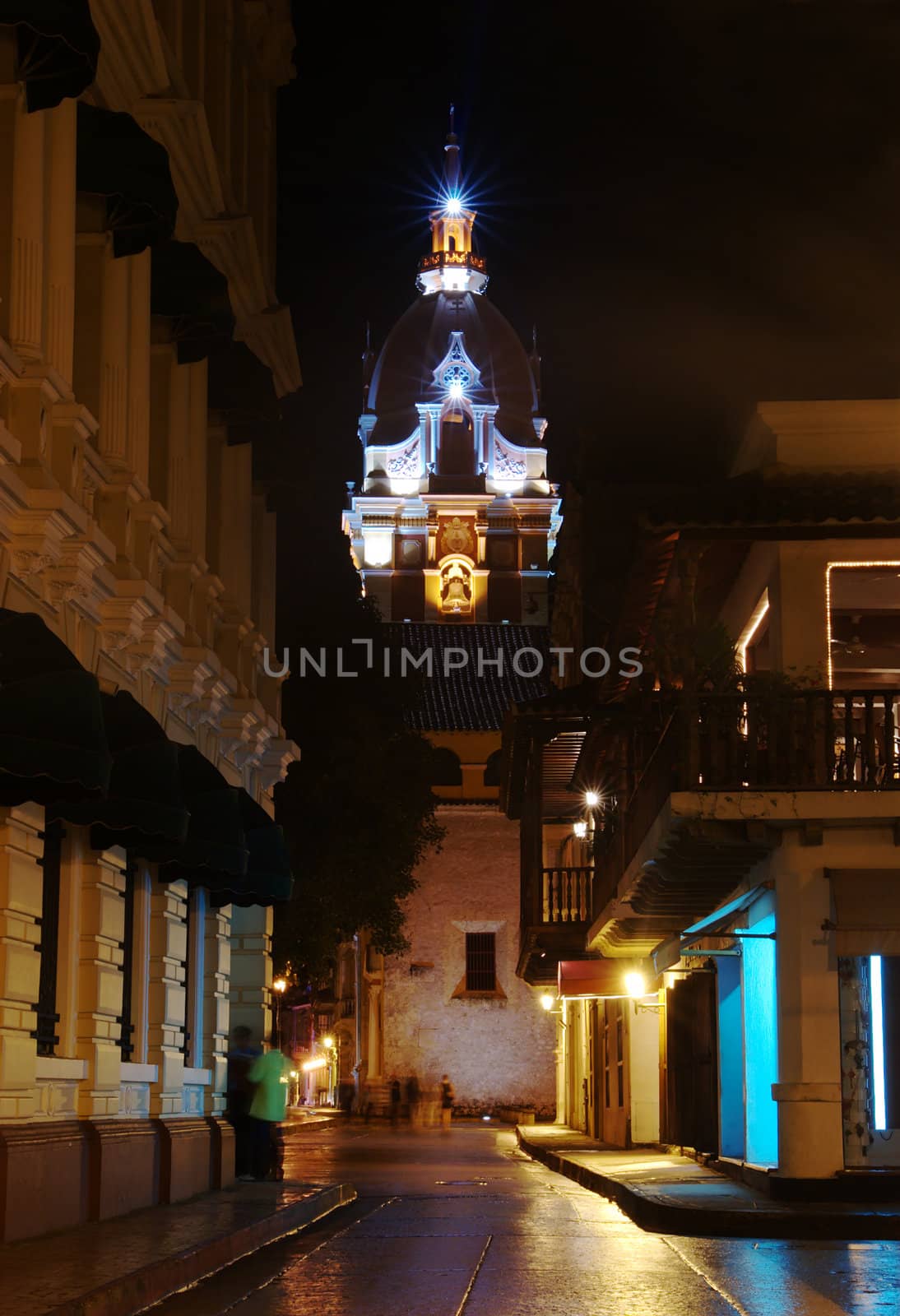 Church lit at night in the old historical part of Cartagena, Colombia  