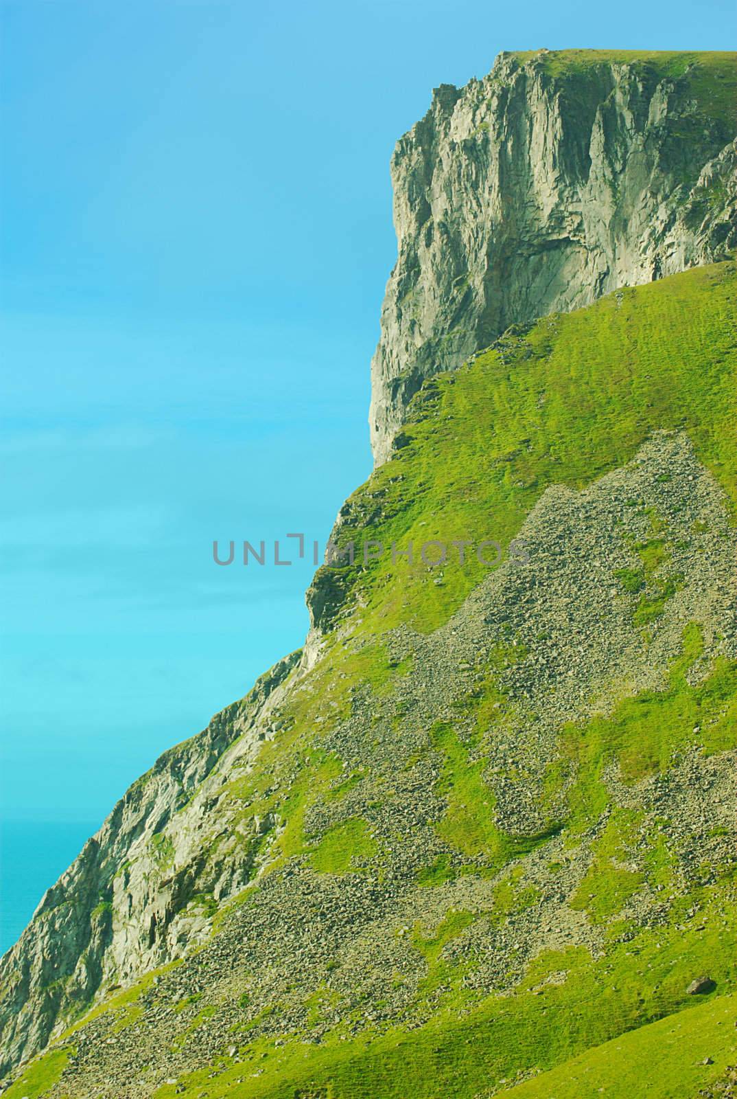 Small mountain with a table like summit on the Lofoten Islands in Norway