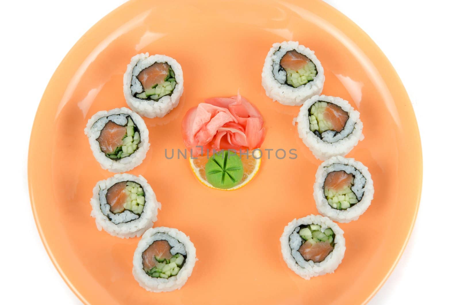 Closeup japanese sushi set at plate on a white