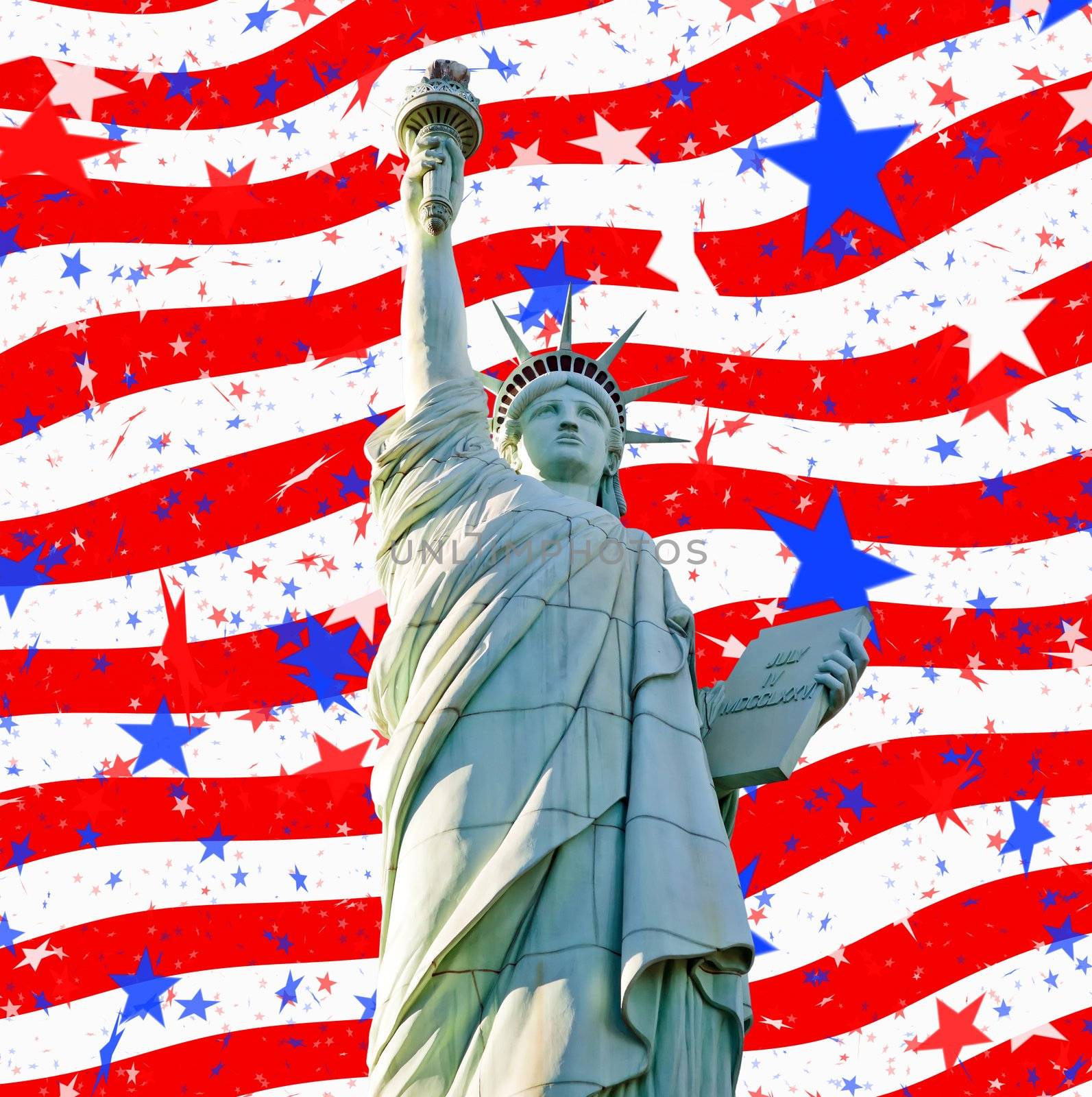 statute of liberty and abstract stars and stripes us flag for 4th july