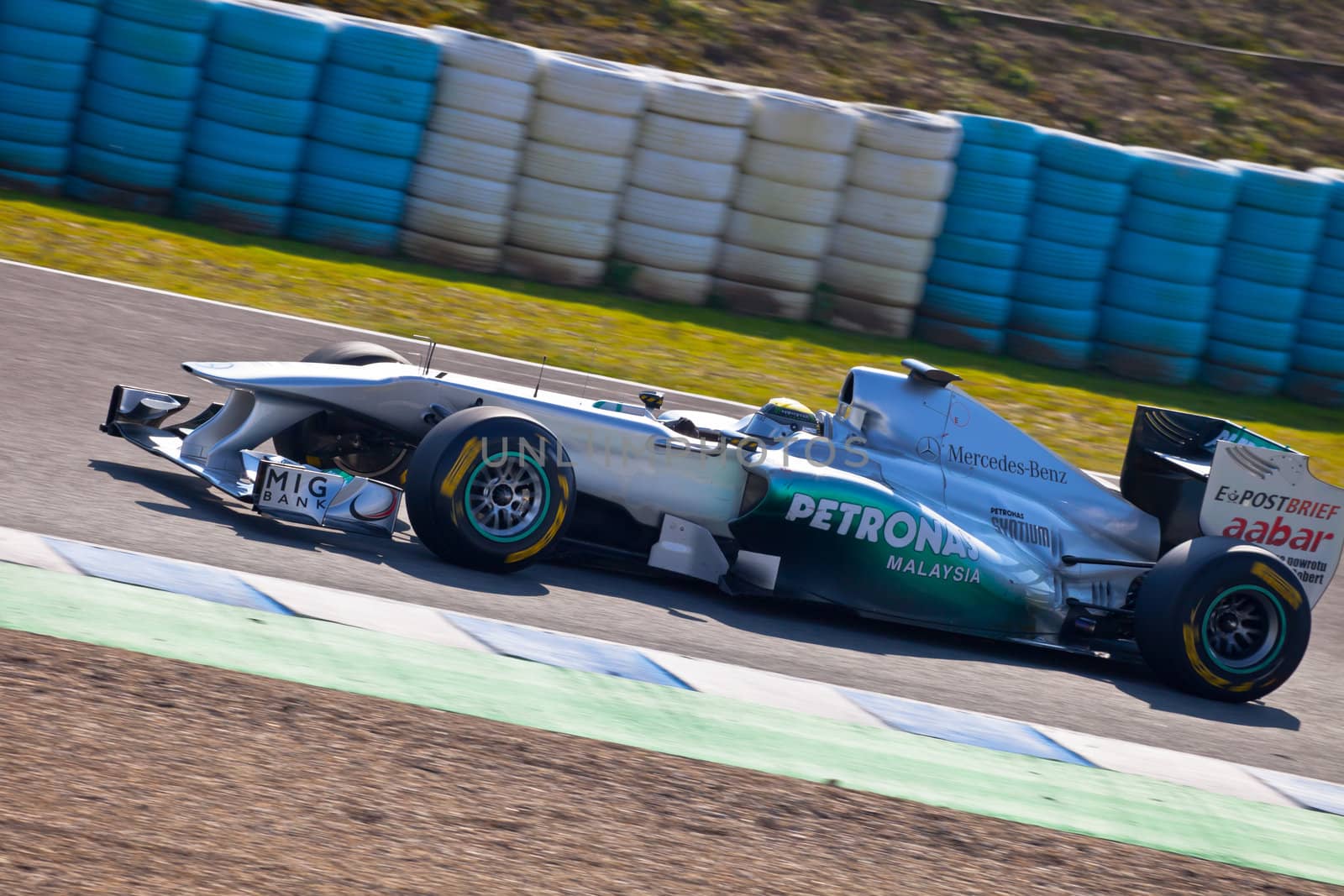 JEREZ DE LA FRONTERA, SPAIN - FEB 10: Nico Rosberg of Mercedes F1 races on training session on February 10 , 2011, in Jerez de la Frontera , Spain