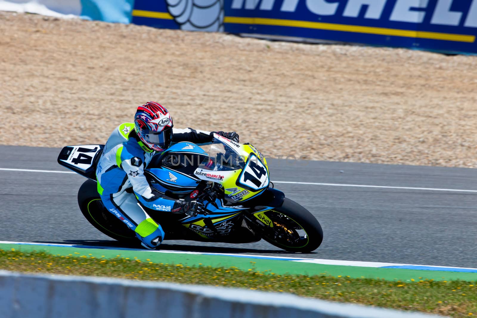 JEREZ DE LA FRONTERA, SPAIN - APR 17: Stock Extreme motorcyclist Alexandre Praud takes a curve in the CEV Championship race on April 17, 2011 in Jerez de la Frontera, Spain
