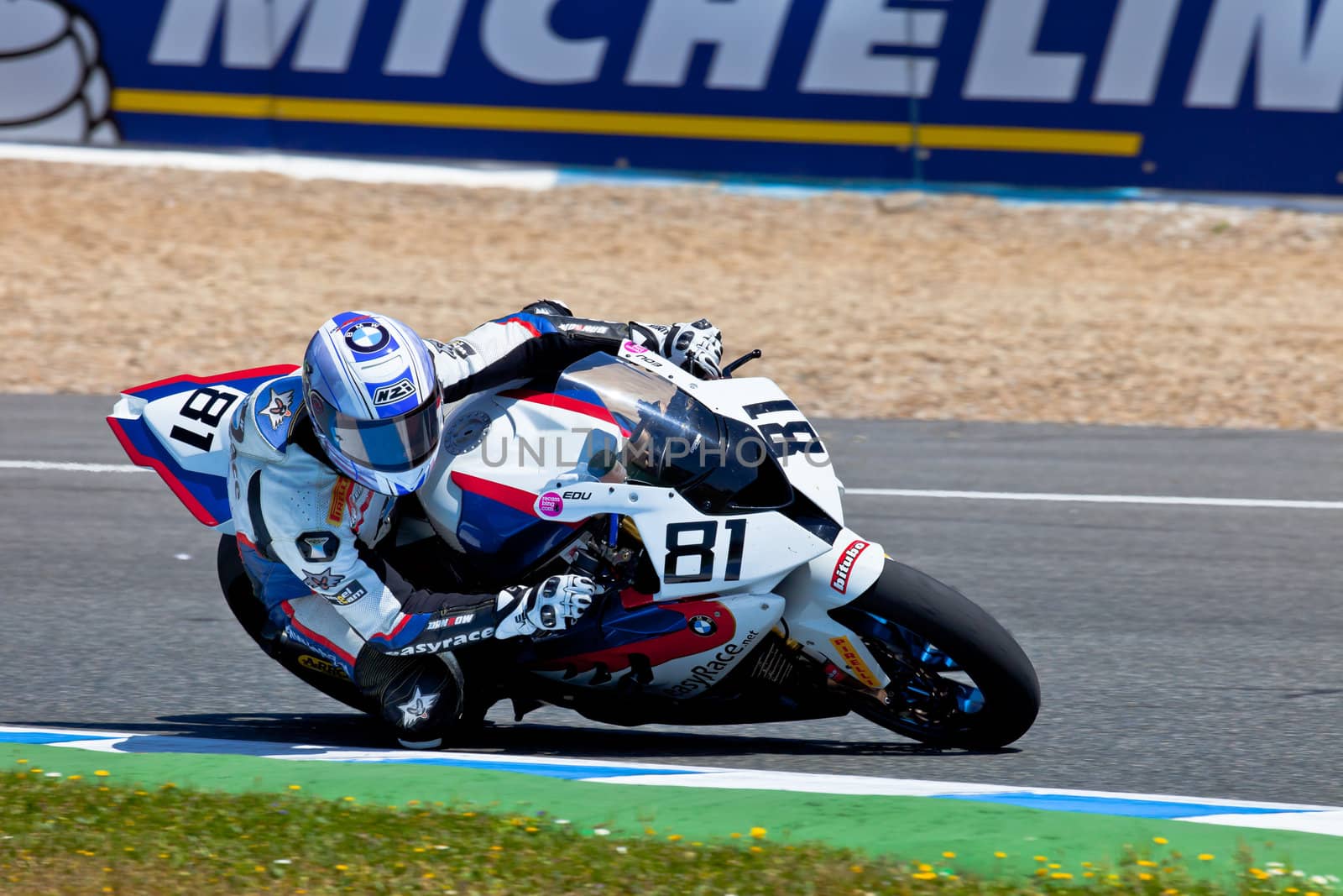 JEREZ DE LA FRONTERA, SPAIN - APR 17: Stock Extreme motorcyclist Eduardo Salvador takes a curve in the CEV Championship race on April 17, 2011 in Jerez de la Frontera, Spain