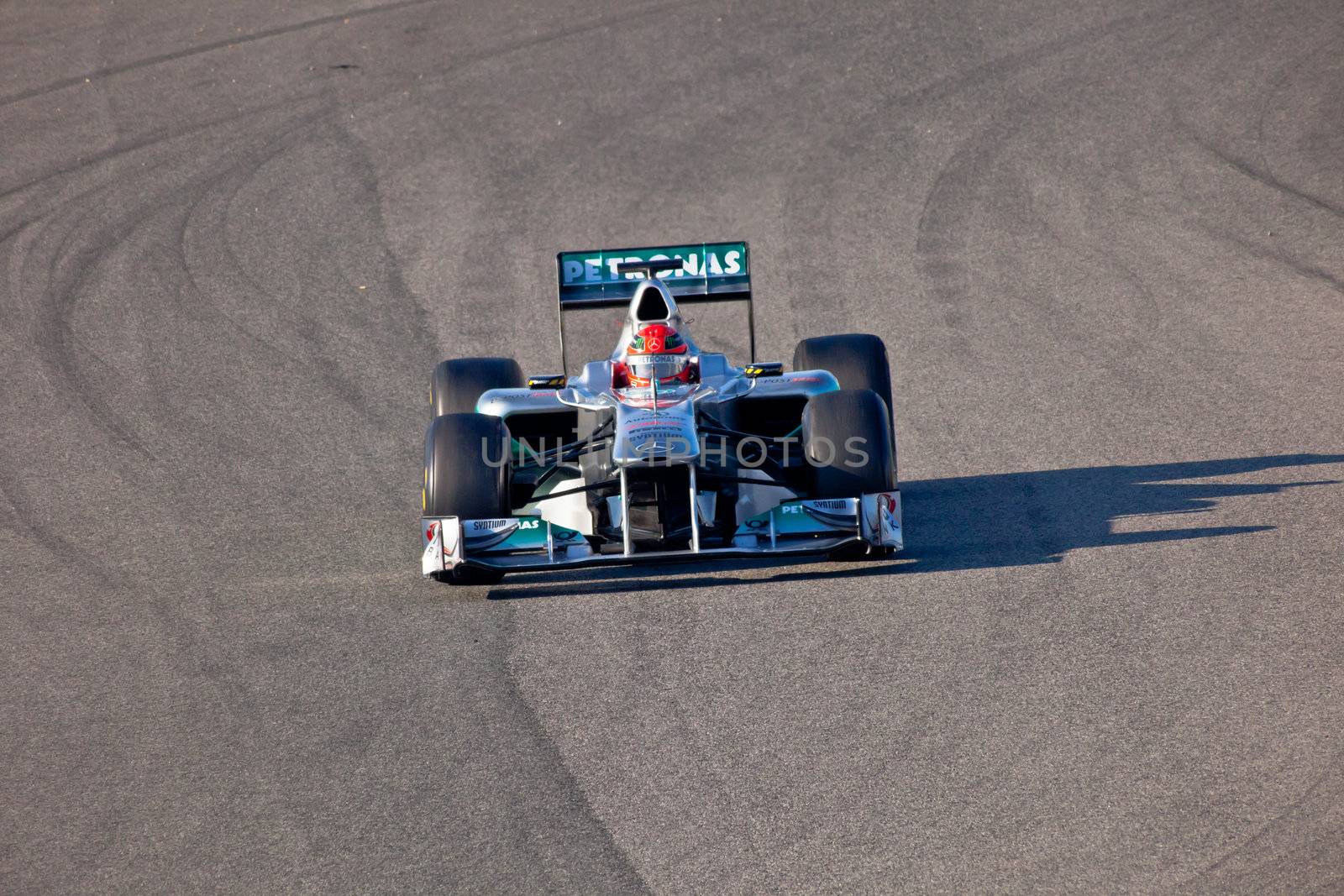 JEREZ DE LA FRONTERA, SPAIN - FEB 11: Michael Schumacher of Mercedes F1 races on training session on February 11 , 2011, in Jerez de la Frontera , Spain