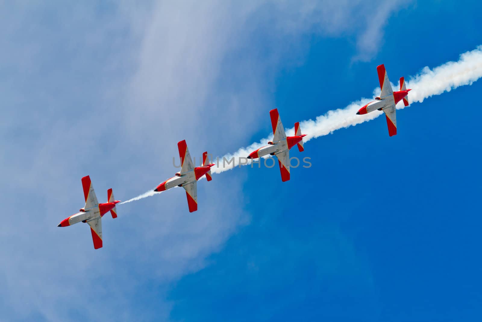 CADIZ, SPAIN-SEP 9: Aircrafts of the Patrulla Aguila taking part in a test on the 4th airshow of Cadiz on Sep 9, 2011, in Cadiz, Spain