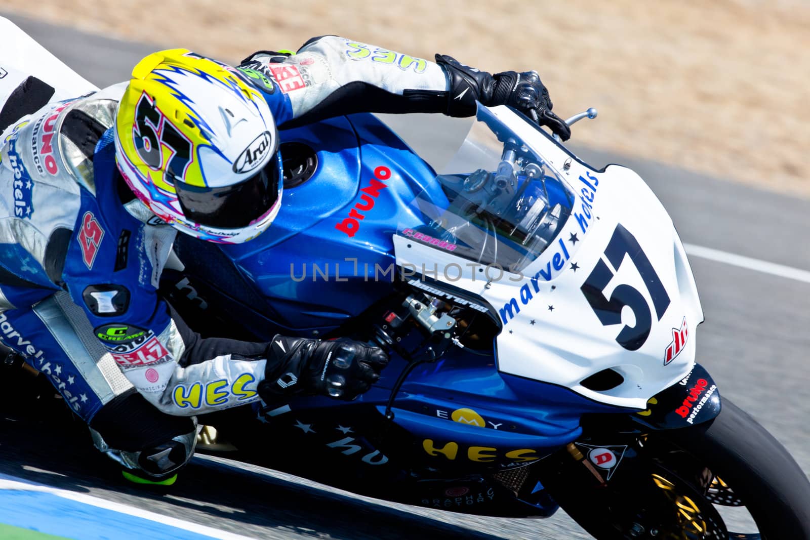 JEREZ DE LA FRONTERA, SPAIN - APR 17: Stock Extreme motorcyclist Ferran Casas takes a curve in the CEV Championship race on April 17, 2011 in Jerez de la Frontera, Spain