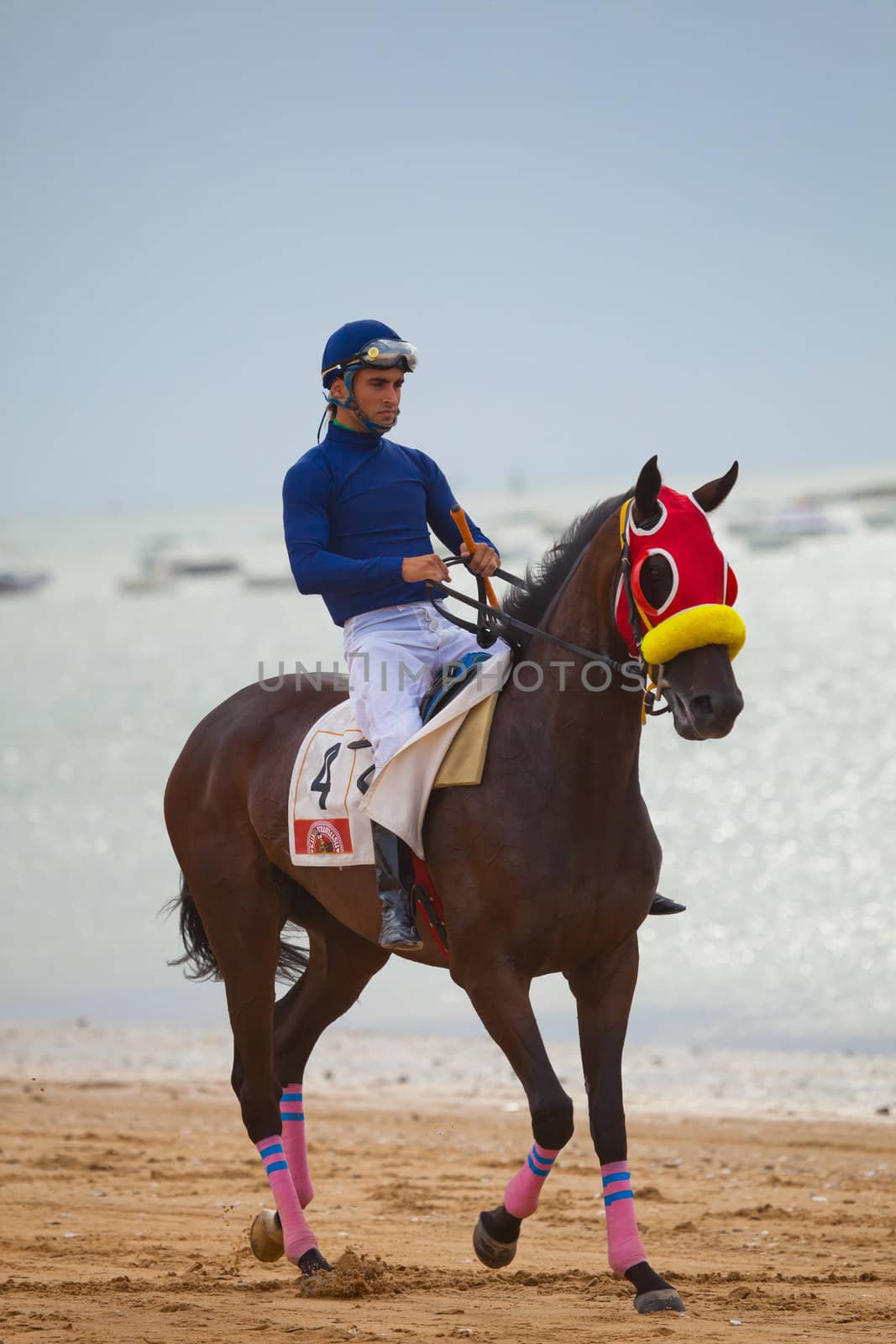 SANLUCAR DE BARRAMEDA, CADIZ, SPAIN - AUGUST 07: Unidentified rider at the start of race horses on Sanlucar de Barrameda beach on  August 07, 2010 in Sanlucar de Barrameda, Cadiz, Spain.
