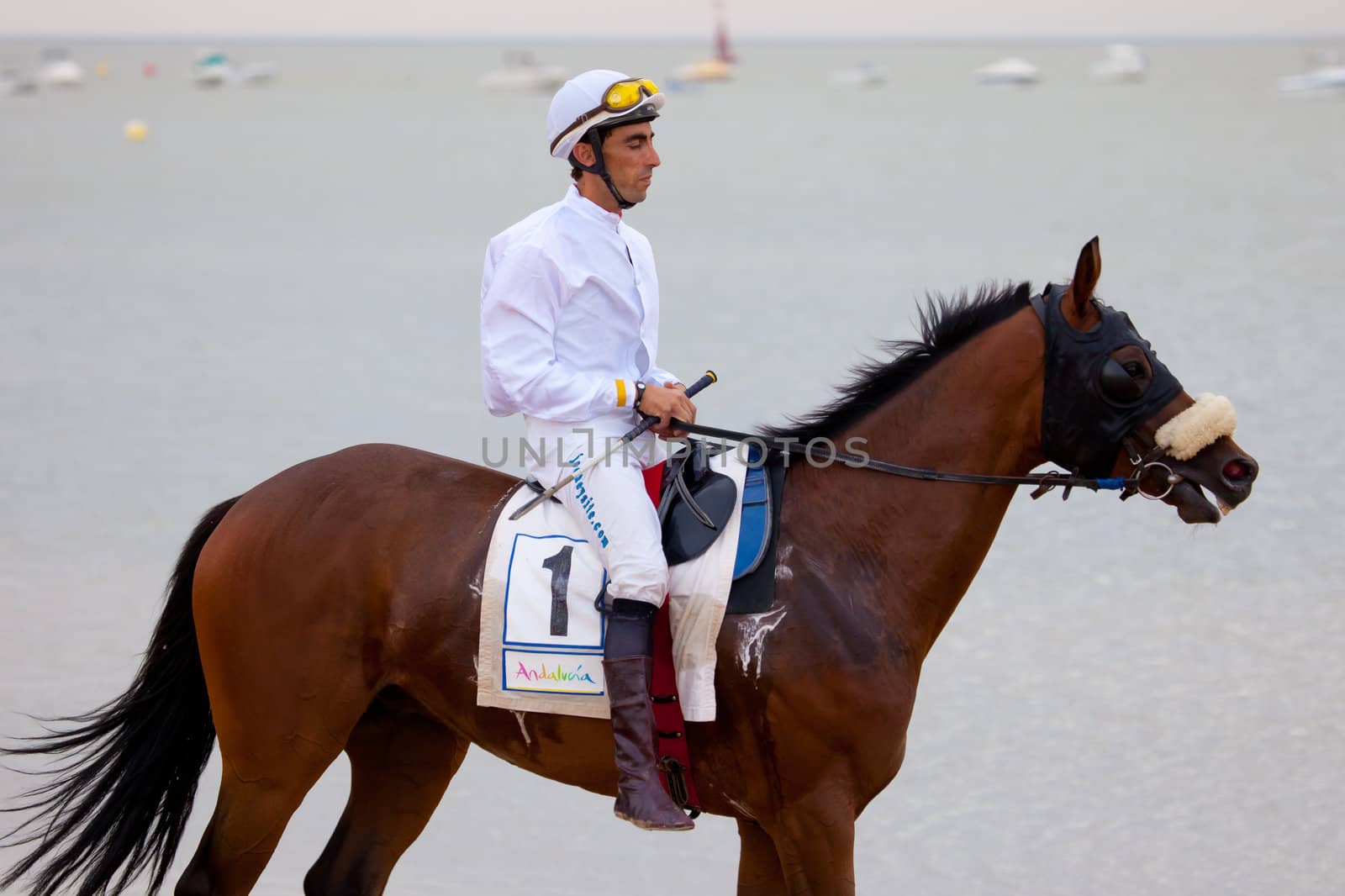 SANLUCAR DE BARRAMEDA, CADIZ, SPAIN - AUGUST 07: Unidentified rider at the start of race horses on Sanlucar de Barrameda beach on  August 07, 2010 in Sanlucar de Barrameda, Cadiz, Spain.