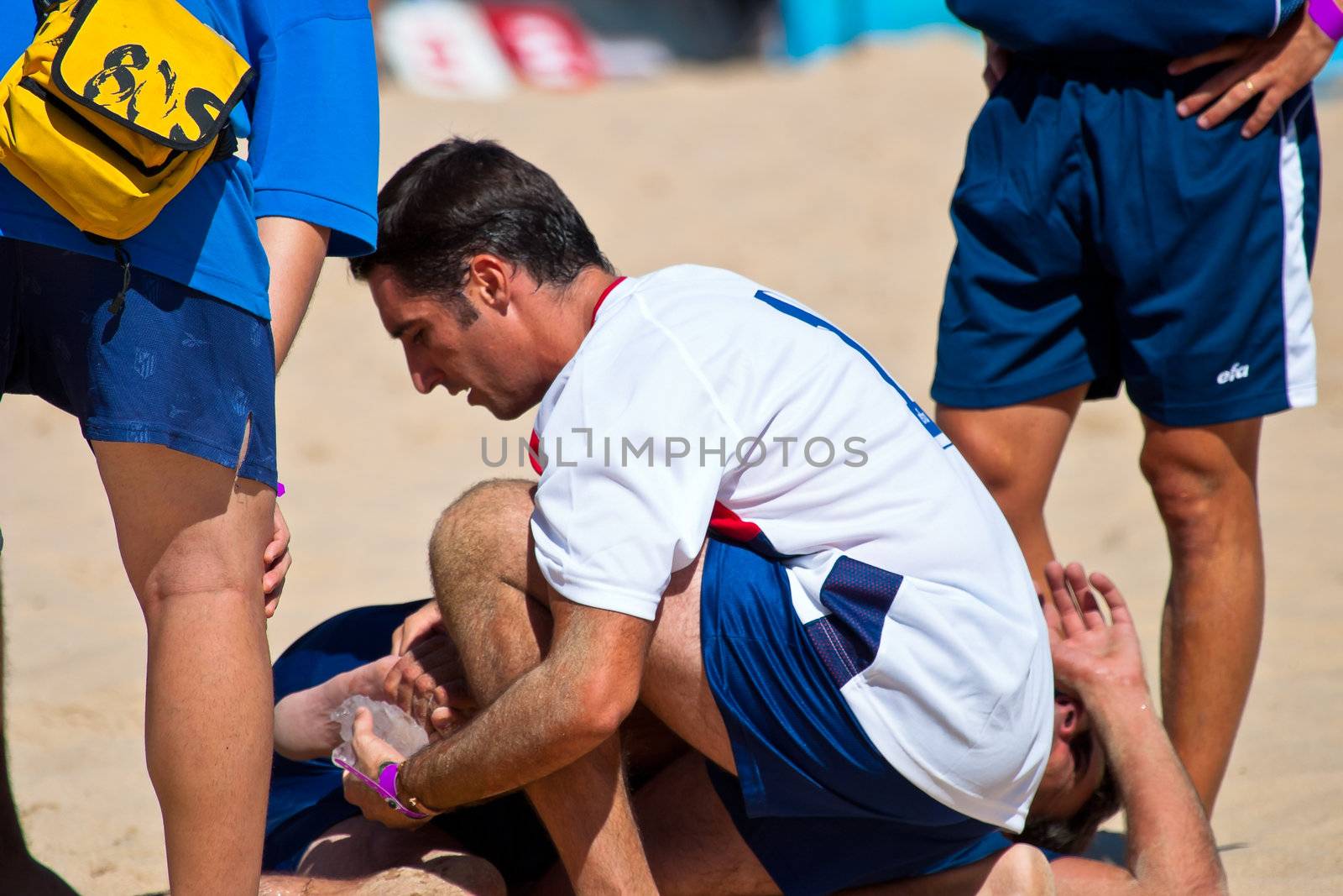 CADIZ, SPAIN -  JUL 30:  Unknown players of the team of Cadiz playing the Spanish Championship of Beach Soccer on Jul 30, 2005 on the beach of La Victoria in Cadiz, Spain