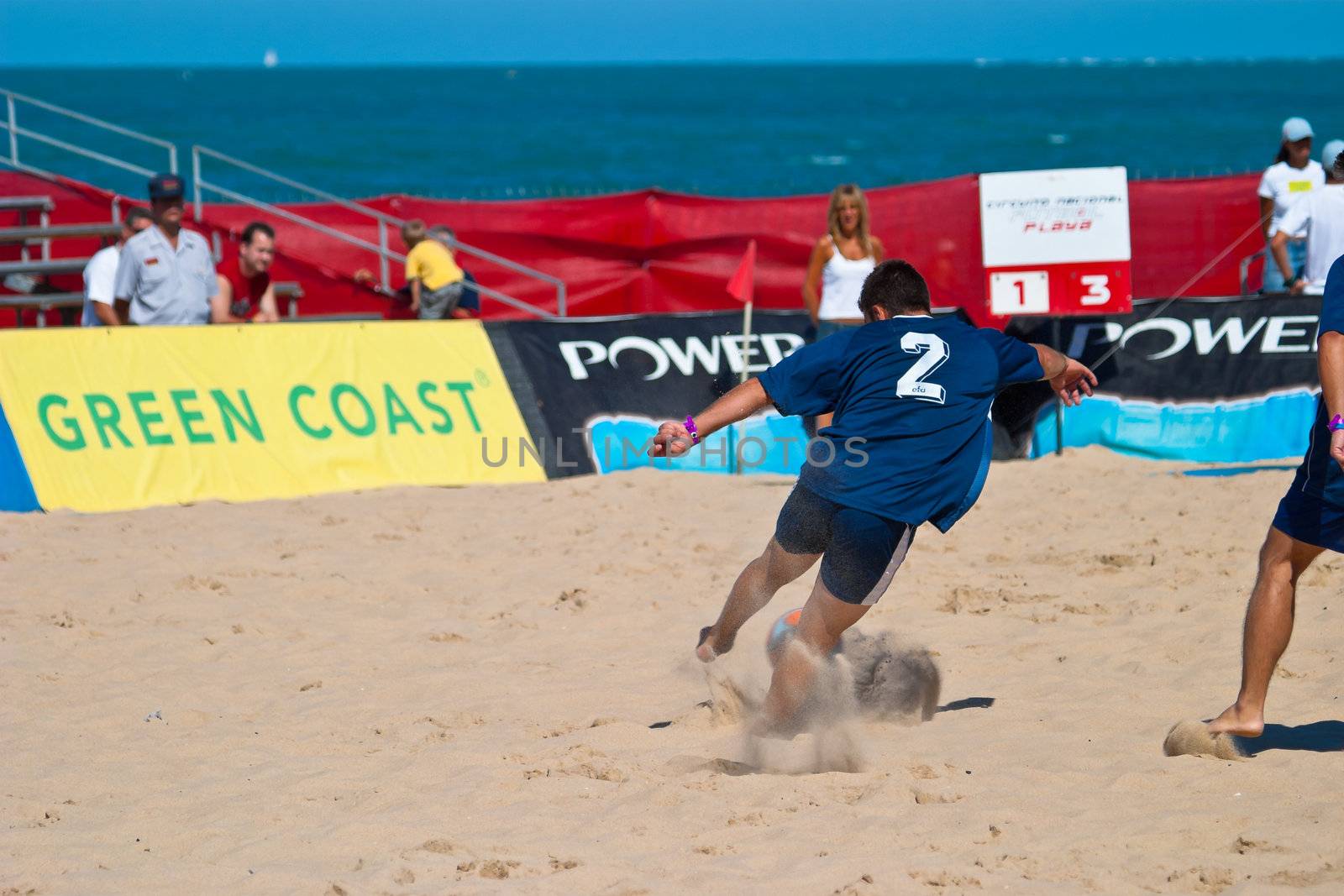 CADIZ, SPAIN -  JUL 30:  Unknown player of the team of Cadiz playing the Spanish Championship of Beach Soccer on Jul 30, 2005 on the beach of La Victoria in Cadiz, Spain
