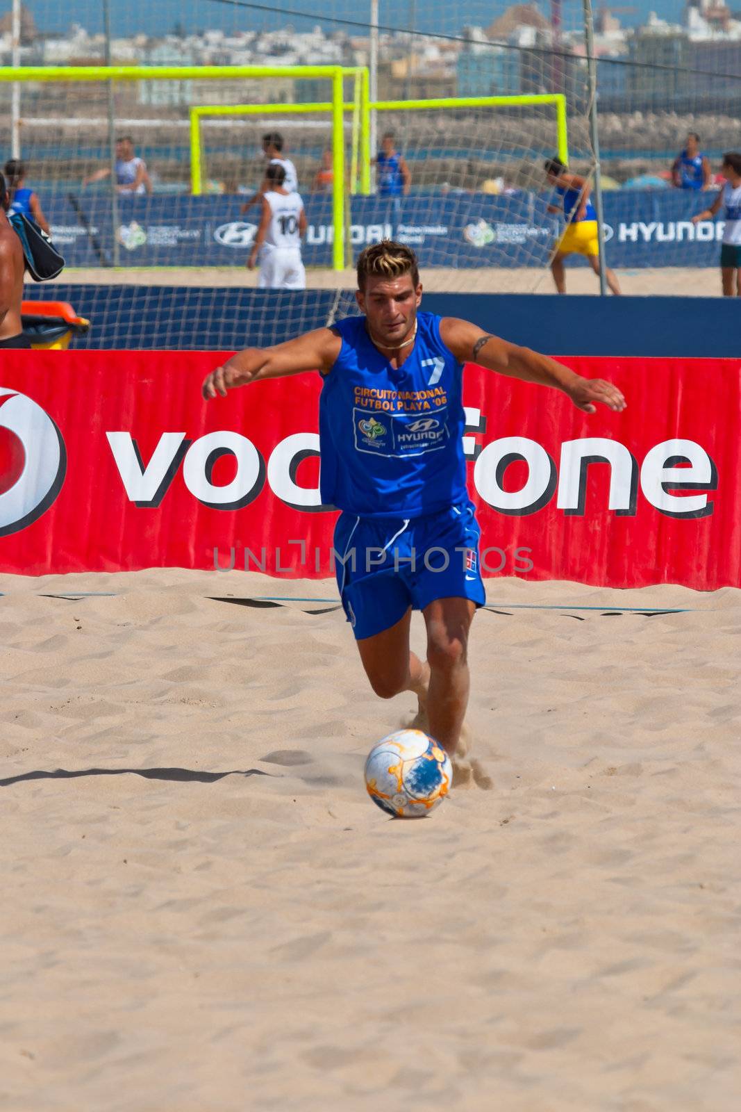 CADIZ, SPAIN -  JUL 22:  Unknown player of unknown team playing the Spanish Championship of Beach Soccer on Jul 22, 2006 on the beach of La Victoria in Cadiz, Spain