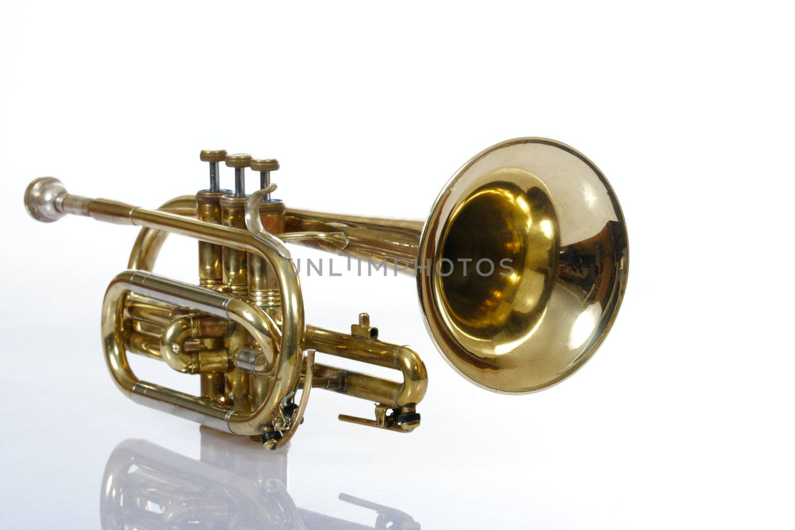 Old trumpet photo on the white background 