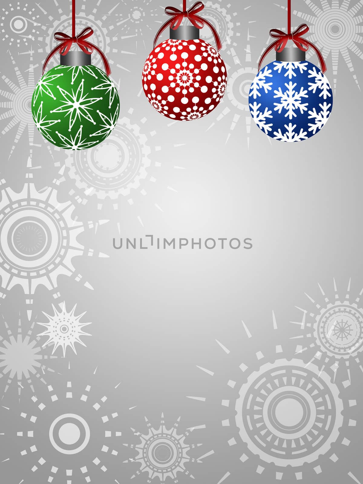 Three Colorful Ornaments on Silver Sun Star Background Illustration