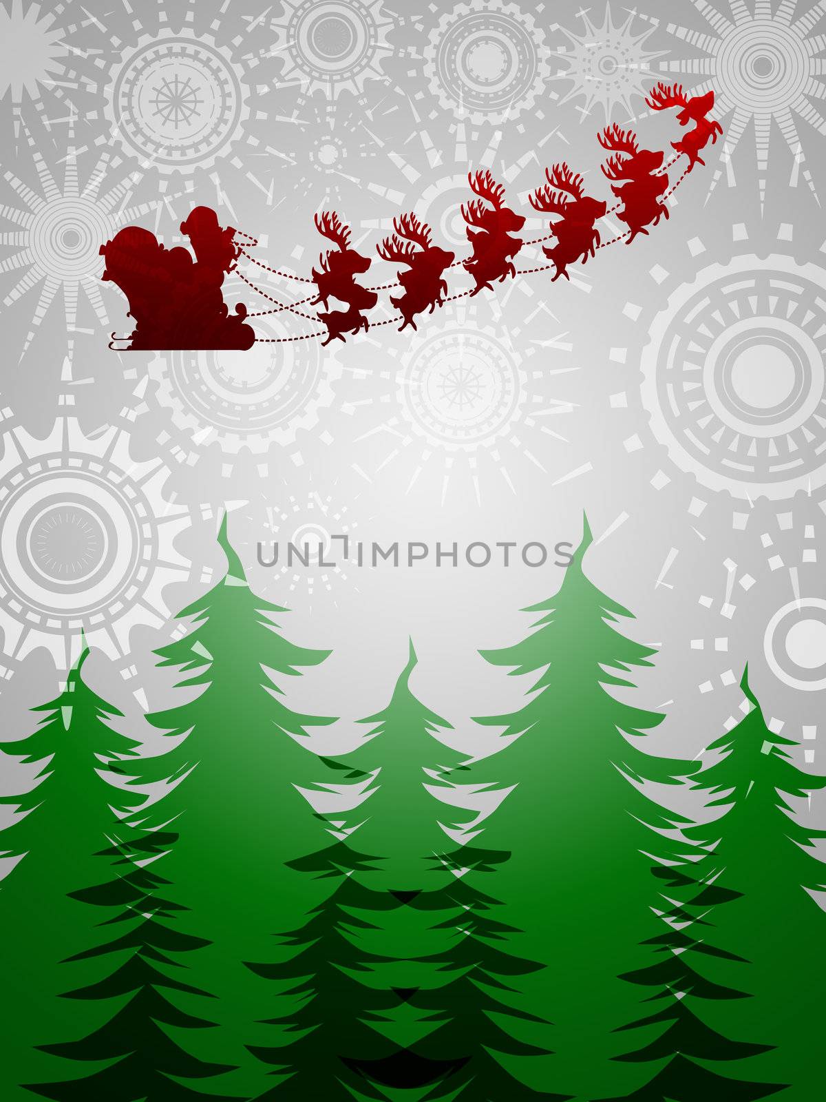 Santa Sleigh Reindeer Flying Over Trees on Silver Sun Star Background Illustration