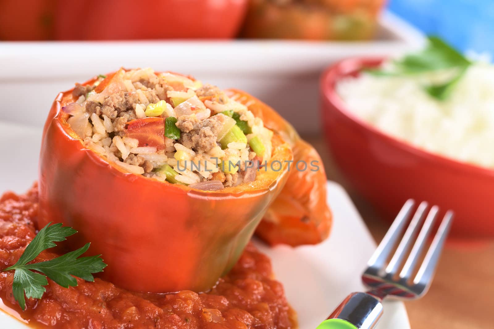 Baked stuffed red bell pepper filled with minced meat, onion, rice, tomato and green onion served on tomato sauce with rice in the back (Selective Focus, Focus on the tomato piece and the stuffing around it on the top)