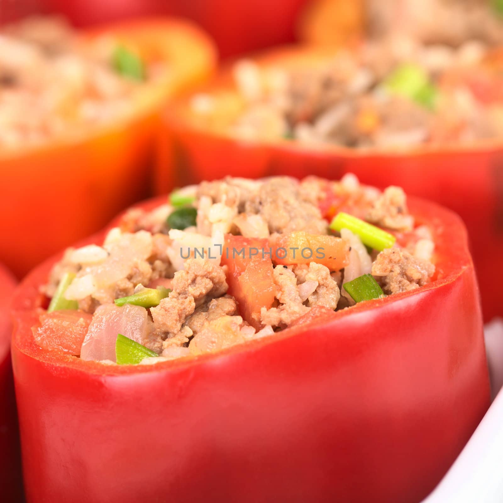 Stuffed red bell pepper filled with minced meat, onion, rice, tomato and green onion in a casserole (Selective Focus, Focus on the tomato piece in the front and the stuffing around it)