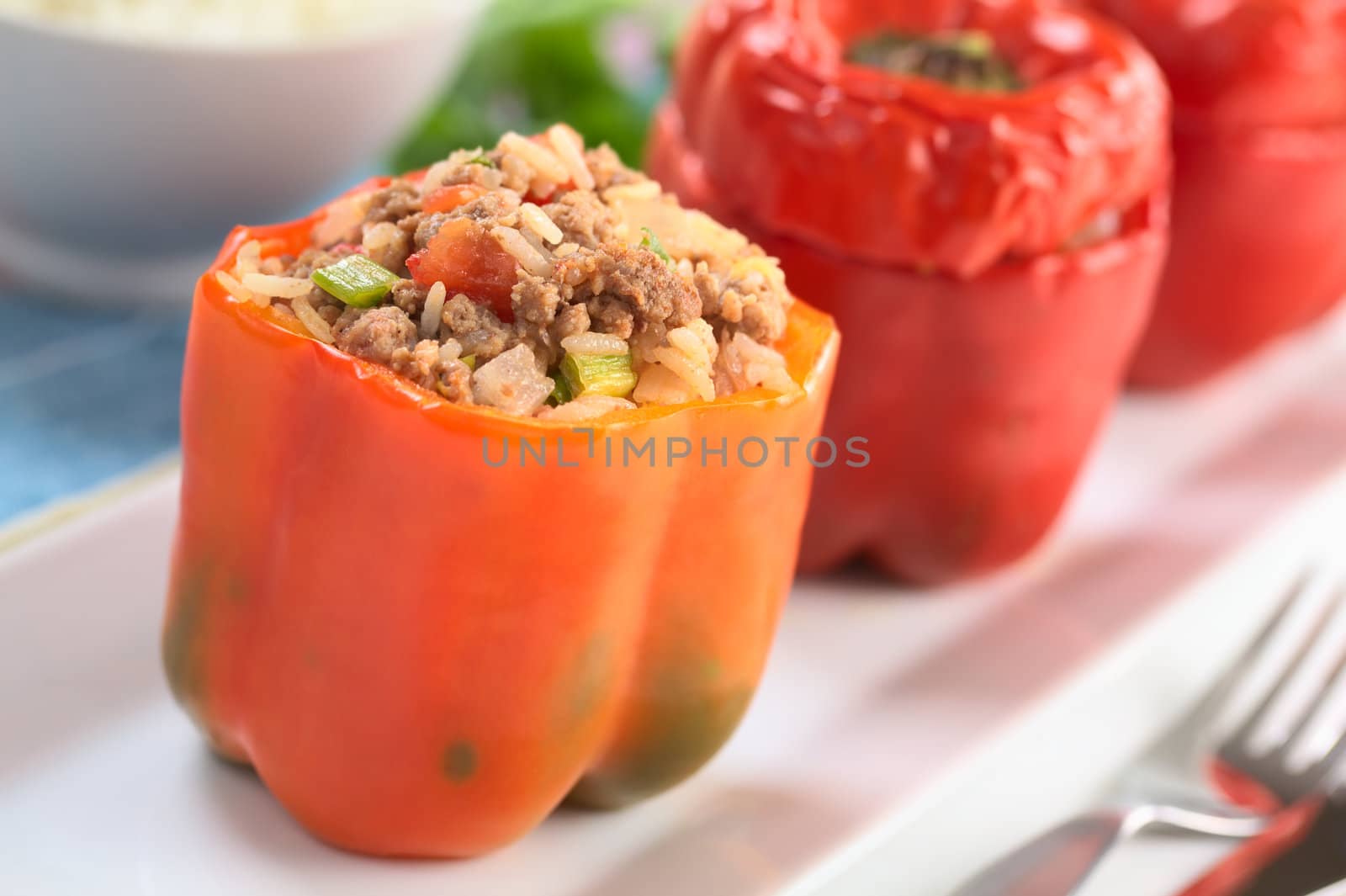 Baked stuffed red bell pepper filled with ground meat, onion, rice, tomato and green onion served on a long plate (Selective Focus, Focus on the tomato piece and the stuffing around it on the top)
