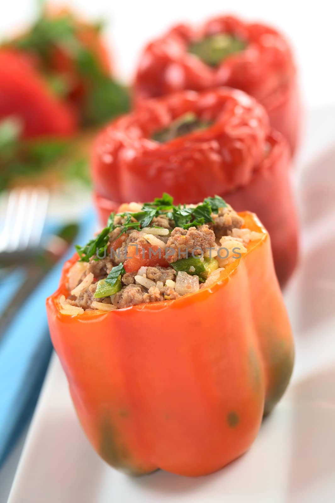 Baked stuffed red bell pepper filled with ground meat, onion, rice, tomato and green onion garnished with parsley served on a long plate (Selective Focus, Focus on the tomato piece and the stuffing around it on the top)