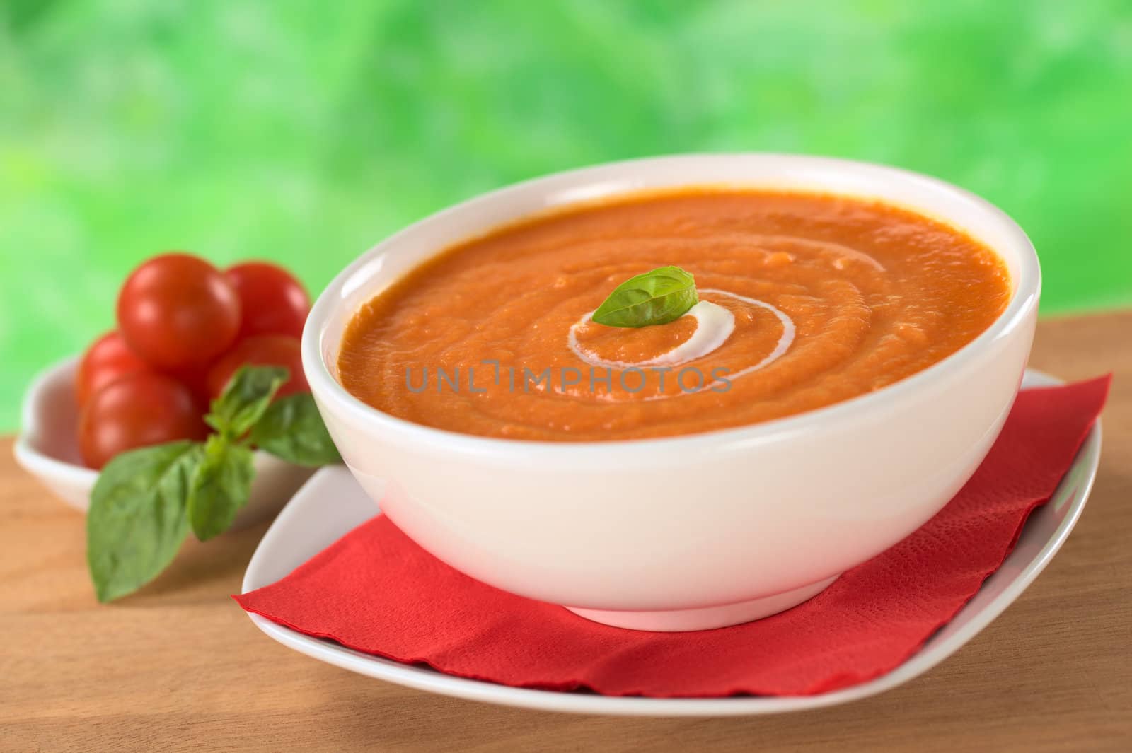 Cream of tomato with a small spiral of cream on top and a basil leaf with tomatoes and basil leaves in the back (Selective Focus, Focus on the basil leaf in the bowl)