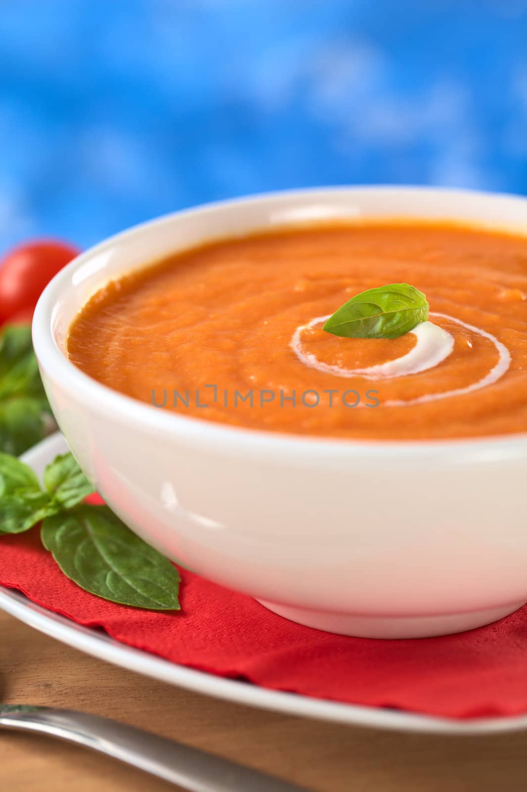 Cream of tomato with a small spiral of cream on top and a basil leaf with tomatoes and basil leaves in the back (Selective Focus, Focus on the basil leaf in the bowl)