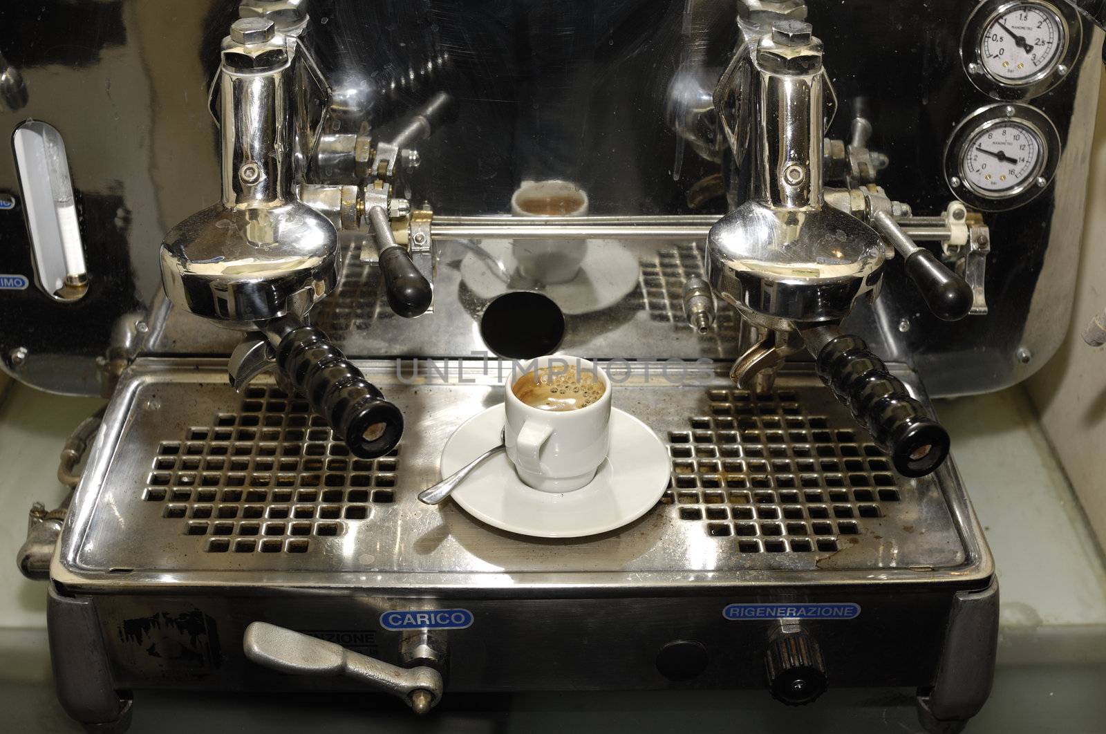 antique espresso machine and espresso coffee cup just made