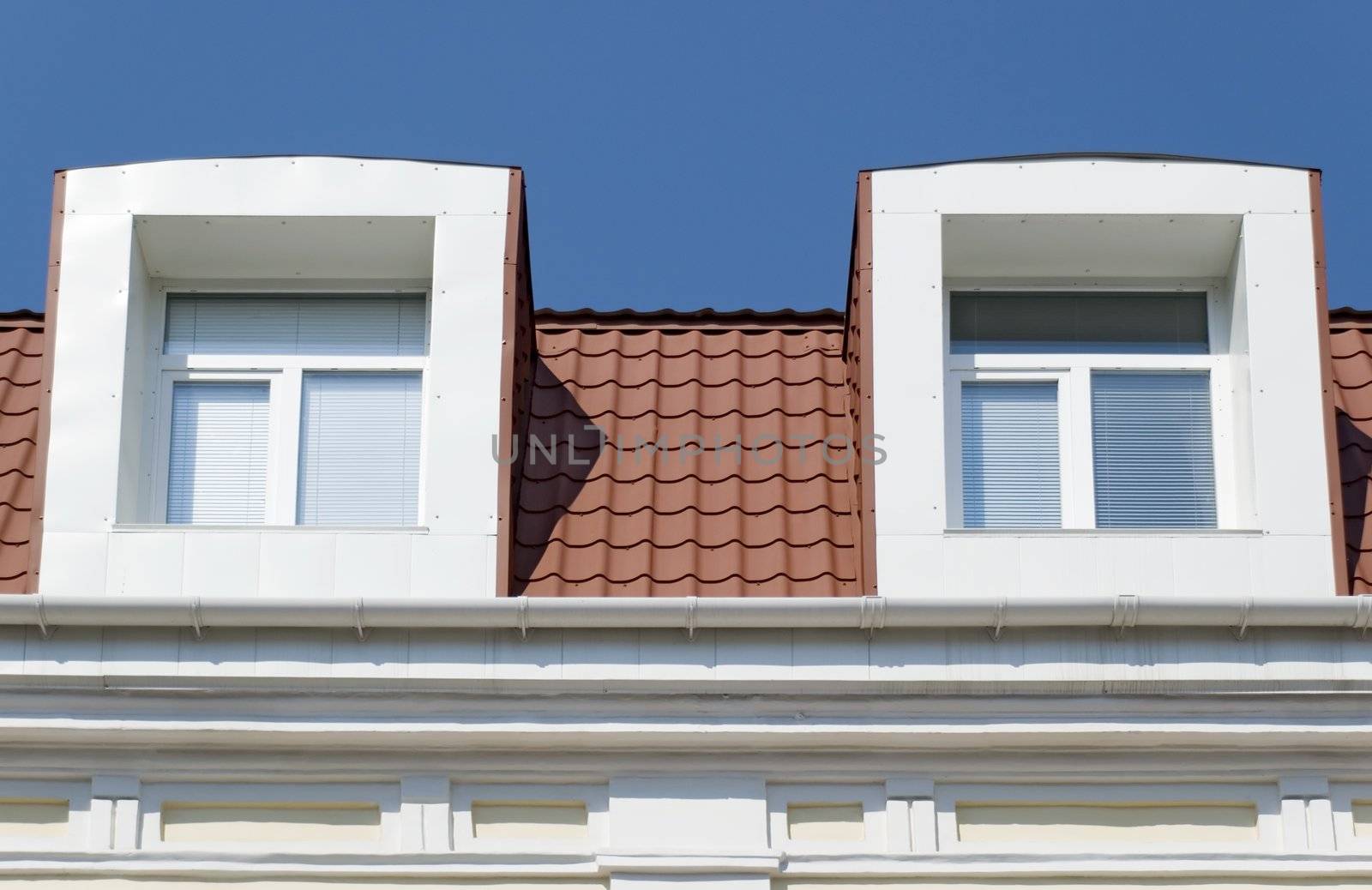 Two windows. A facade of a modern building with a tile roof