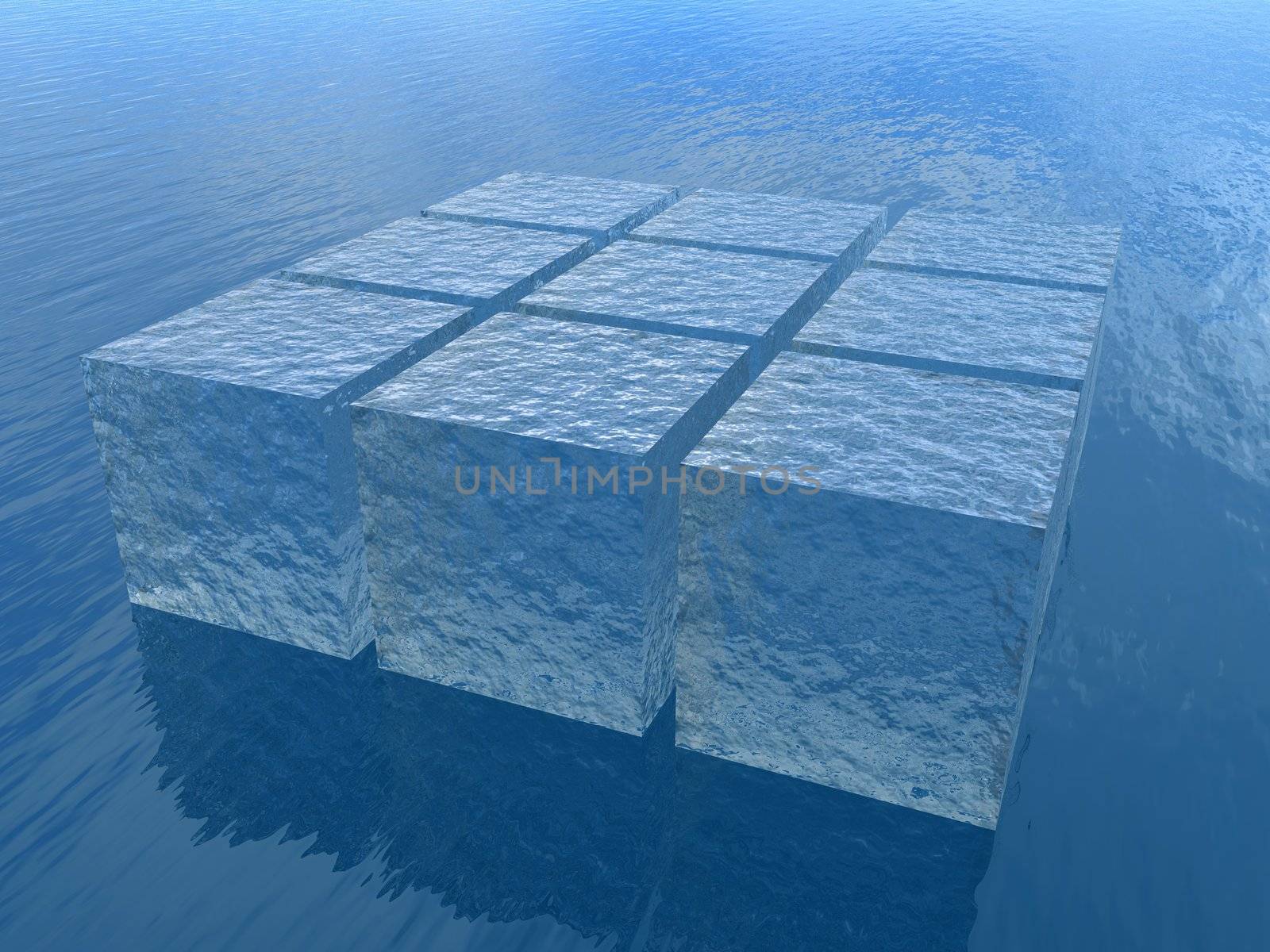 Cubes from water (3x3) Concept of water as three-dimensional object